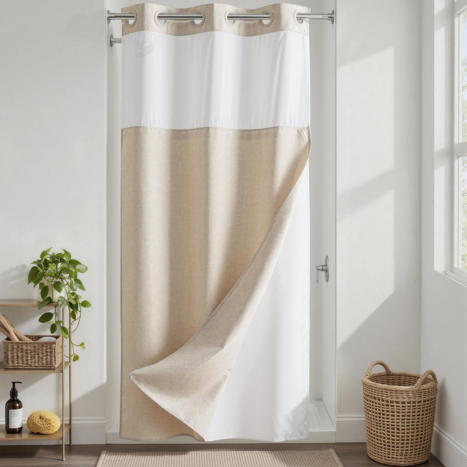 River Dream Linen Textured No Hook Shower Curtain with Snap-in Liner, Farmhouse Quick Dry Fabric Shower Curtain for Bathroom,Rustic Bathroom Set,See-Through Top Window,Water-Repellent,Linen,71Wx74L
