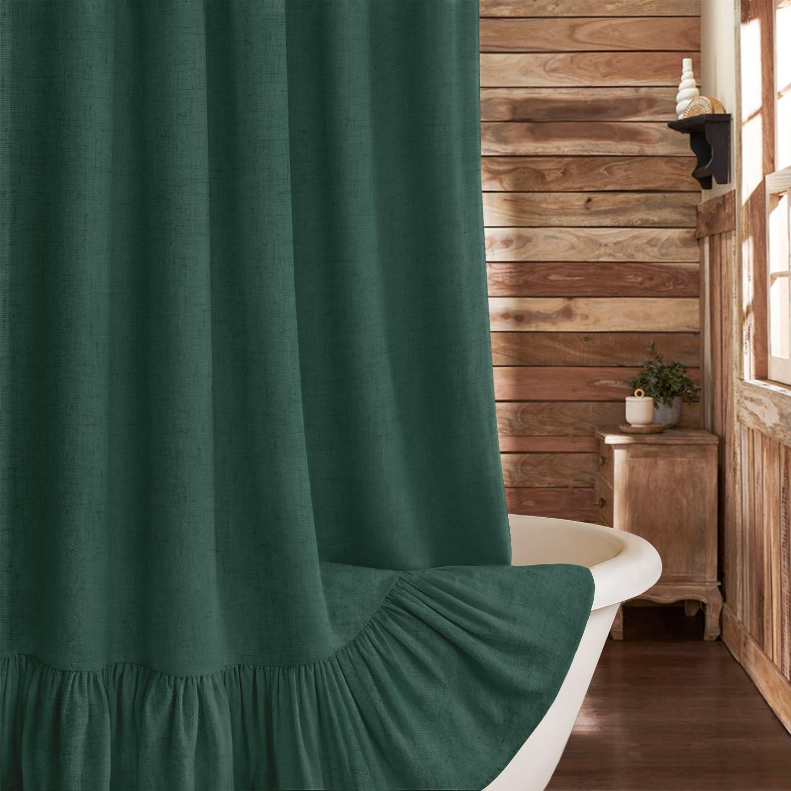 Beige Linen Farmhouse Ruffle Shower Curtain 72"×72", Rustic Boho Country Bathroom Fabric Curtain