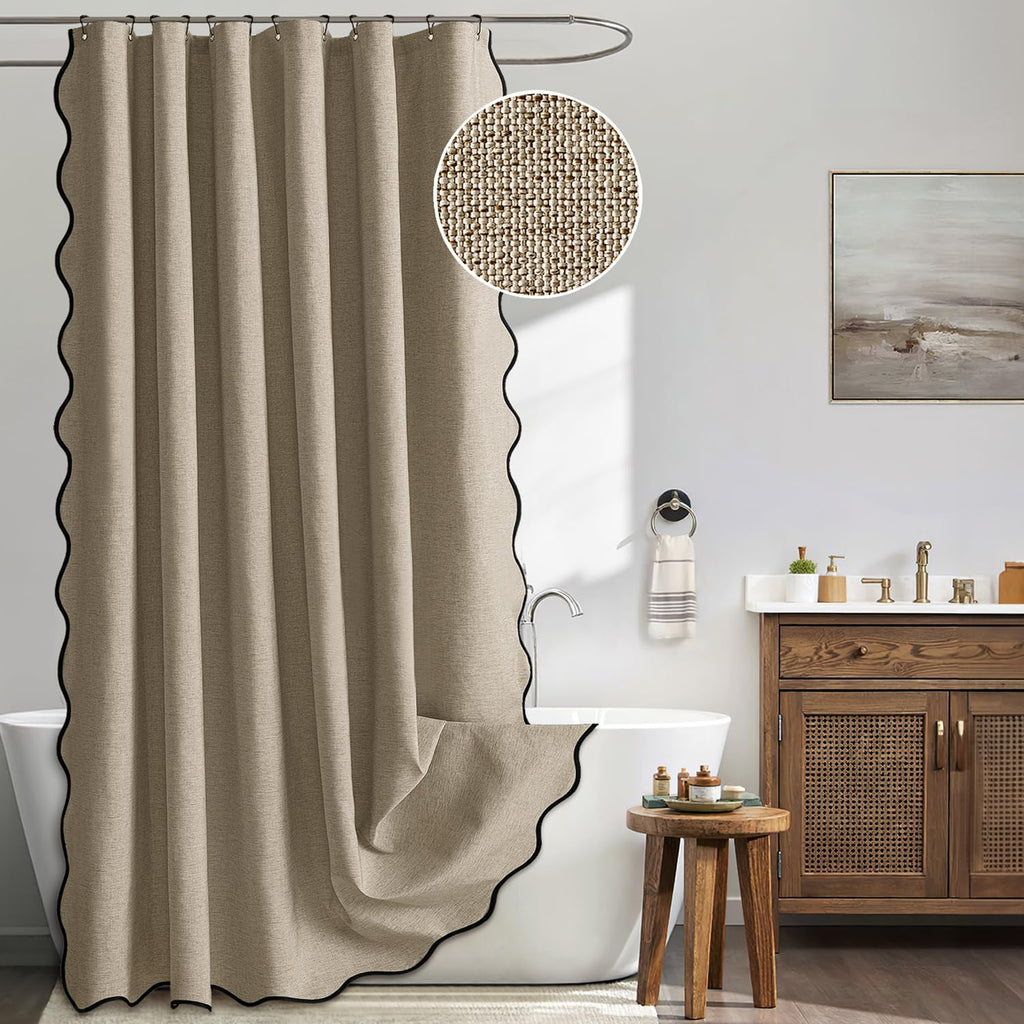MIULEE Beige Scalloped Shower Curtain Linen Textured with 12 Metal Hooks Cute Heavy Duty Washable Waterproof Neutral Thick Cloth Shower Curtains with Black Border for Bathroom Bathtub,W72*L72 Cream
