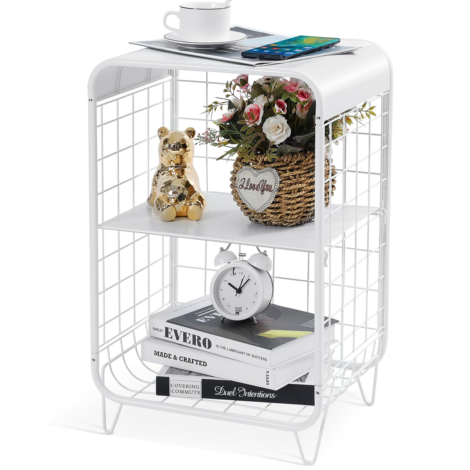 APEXCHASER Cute Nightstand,Metal Side Table,3-Tier Modern End Table with Storage Shelf, Unique Side Tables, Cute Coffee Table for Living Room, Small Table for Bedroom,Navy Blue