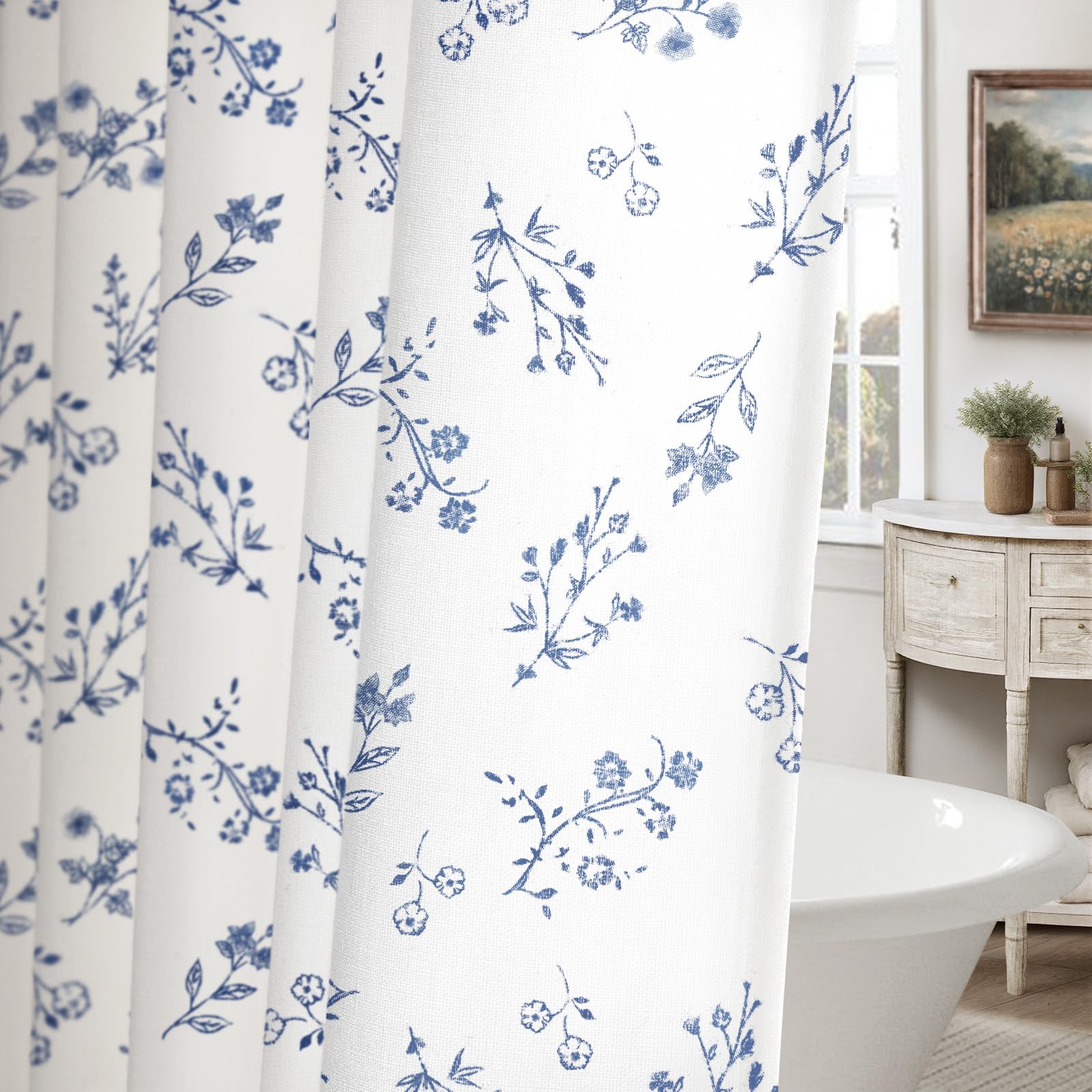 Floral Farmhouse Vintage Linen Shower Curtain, French Country Spring Shower Curtains for Bathroom, 72Wx72H