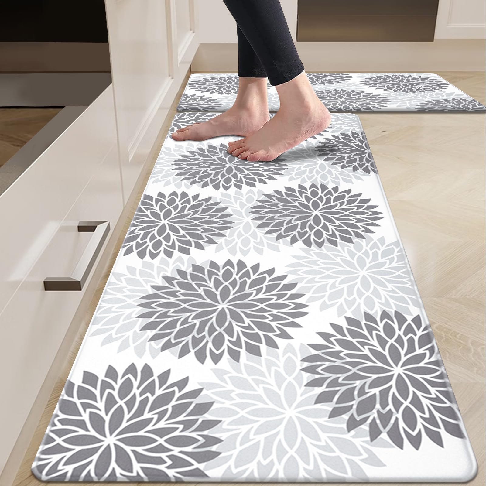 HEBE Anti Fatigue Kitchen Rugs Sets of 2, Non Slip Kitchen Mats for Floor, Waterproof Cushioned Comfort Standing Carpet for Kitchen Sink, Home Office, Laundry Room, Gray