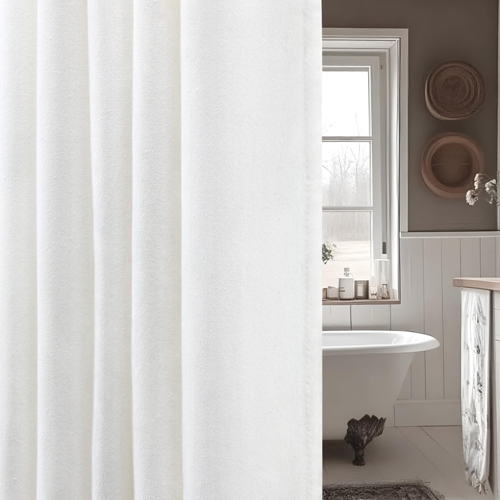Linen Shower Curtain Beige, Fabric Boho Farmhouse Shower Curtains for Bathroom Cream Cotton Natural Cloth 72" W x 72" L