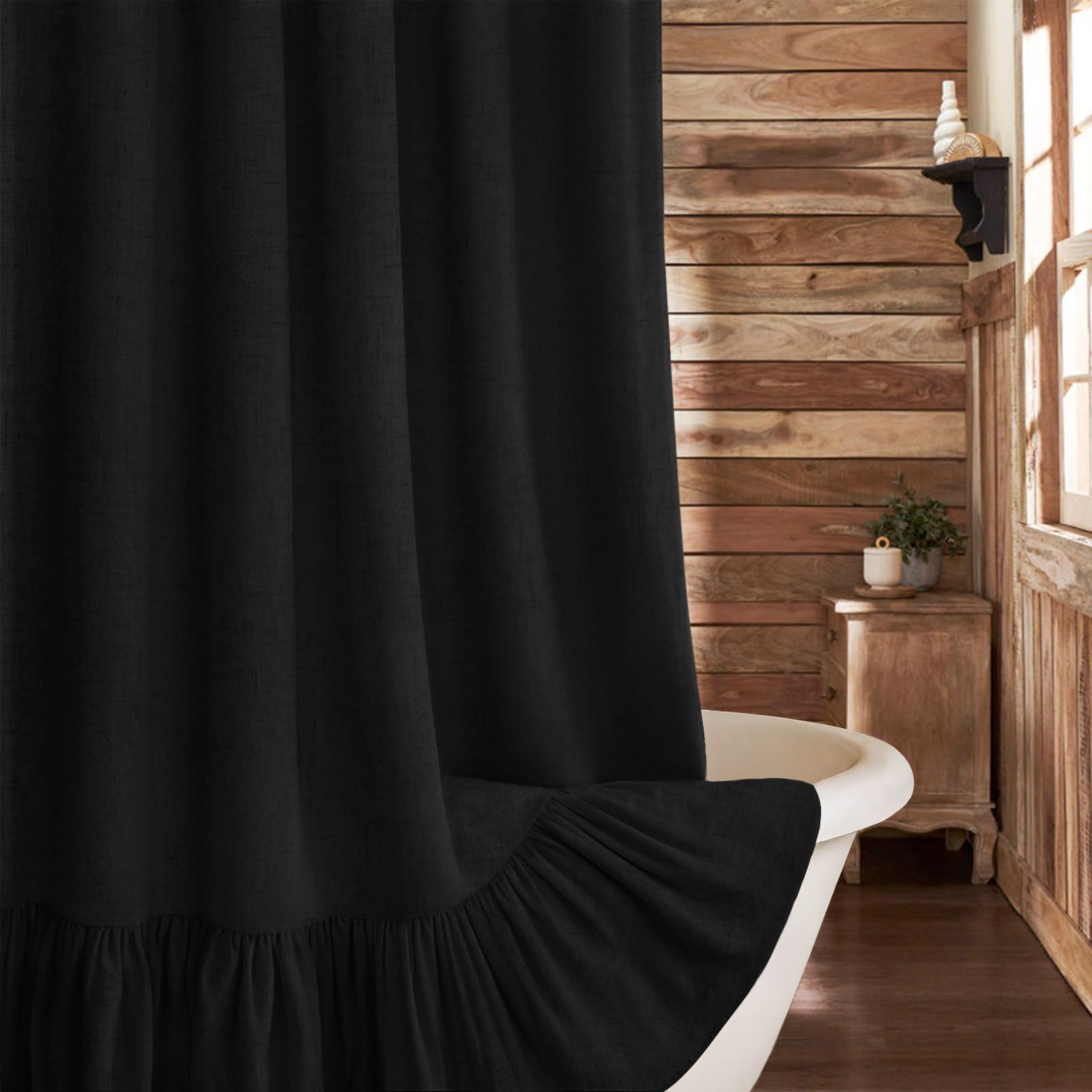 Beige Linen Farmhouse Ruffle Shower Curtain 72"×72", Rustic Boho Country Bathroom Fabric Curtain