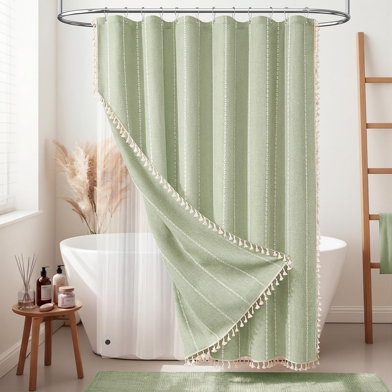 BTTN Boho Farmhouse Shower Curtain, Linen Rustic Weighted Striped Cloth Shower Curtain Set with Tassel, Water Repellent, Bohemian Vintage Country Fabric Shower Curtain for Bathroom, Cream/Beige, 72x72