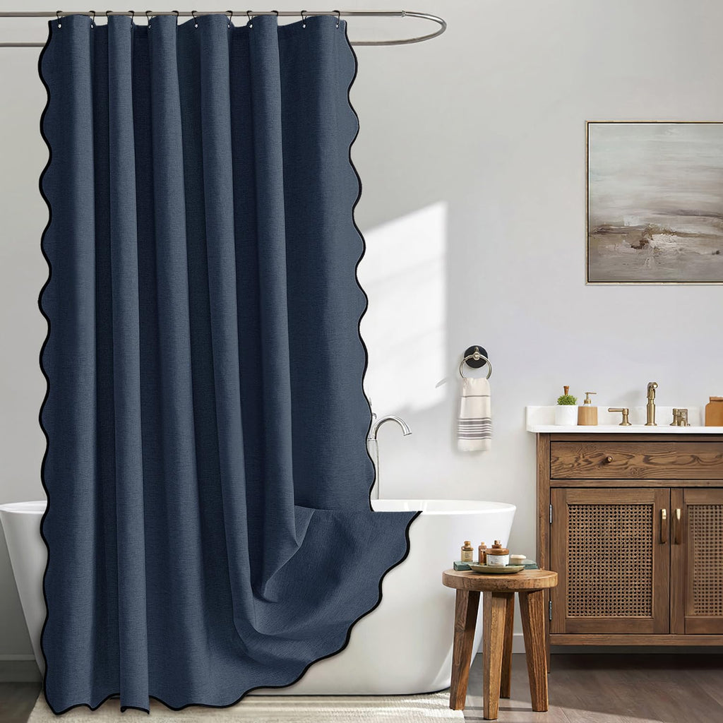 MIULEE Beige Scalloped Shower Curtain Linen Textured with 12 Metal Hooks Cute Heavy Duty Washable Waterproof Neutral Thick Cloth Shower Curtains with Black Border for Bathroom Bathtub,W72*L72 Cream
