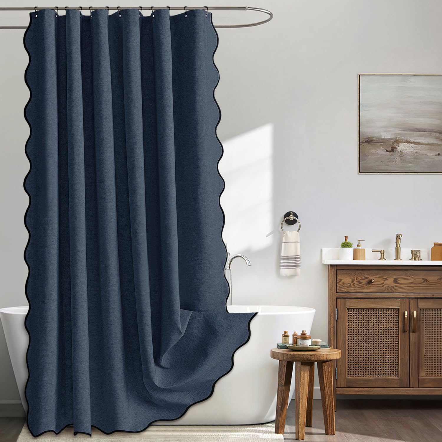 MIULEE Beige Scalloped Shower Curtain Linen Textured with 12 Metal Hooks Cute Heavy Duty Washable Waterproof Neutral Thick Cloth Shower Curtains with Black Border for Bathroom Bathtub,W72*L72 Cream