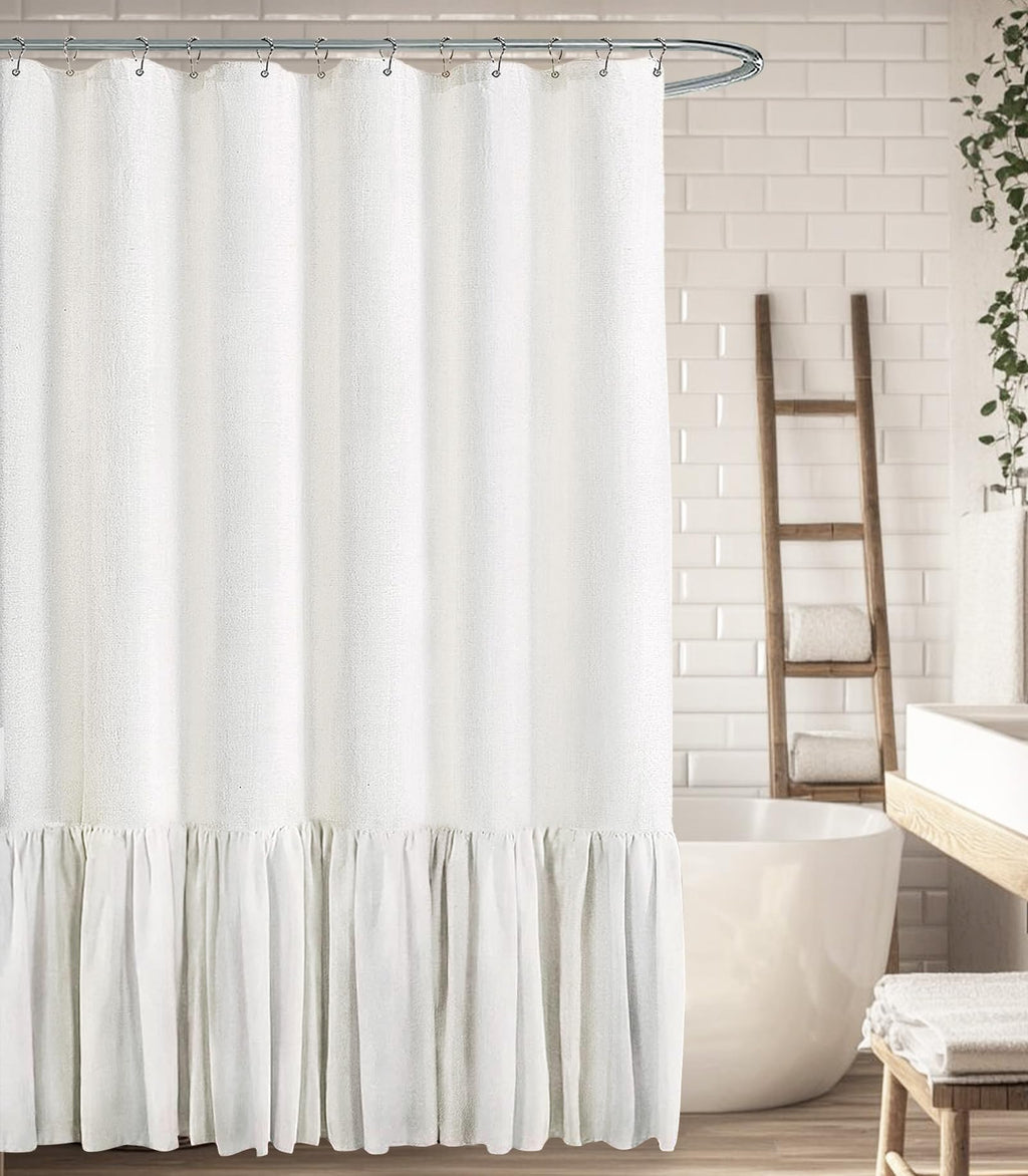 Beige Linen Farmhouse Ruffle Shower Curtain 72"×72", Rustic Boho Country Bathroom Fabric Curtain