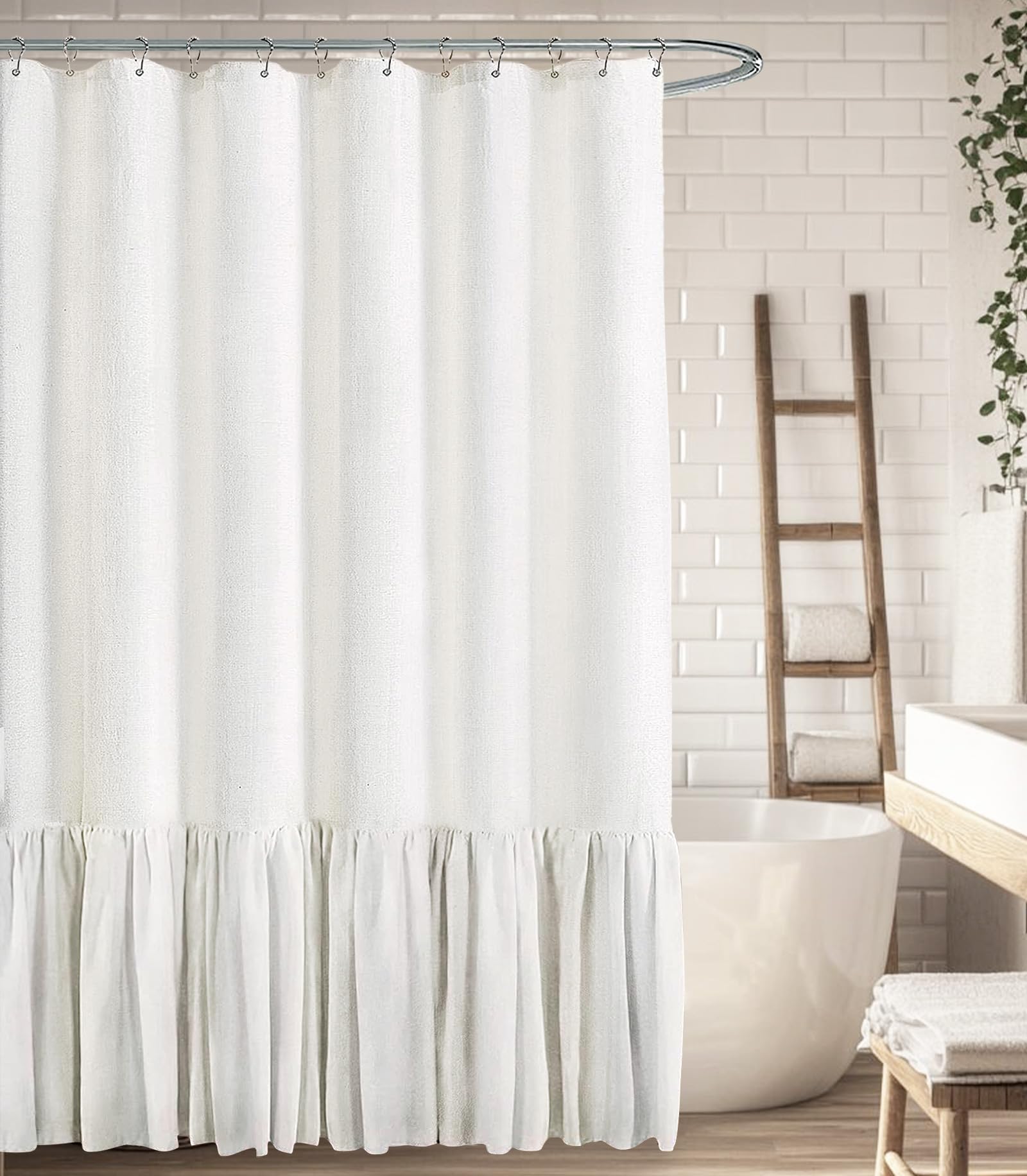 Beige Linen Farmhouse Ruffle Shower Curtain 72"×72", Rustic Boho Country Bathroom Fabric Curtain