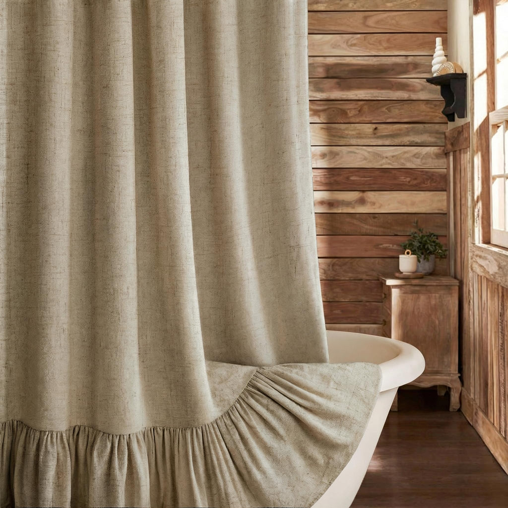 Beige Linen Farmhouse Ruffle Shower Curtain 72"×72", Rustic Boho Country Bathroom Fabric Curtain