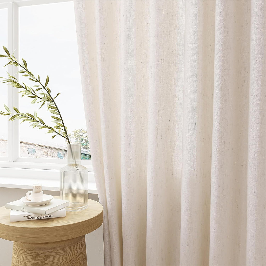 Natural Pinch Pleated Linen Curtains 72 Inches Long 72 Inch Wide for Living Room Bathroom Light Filtering Semi Sheer Shower Bath Curtain 72x72 Boho Neutral Pinch Pleated Drape Hooks Rings 1 Panel