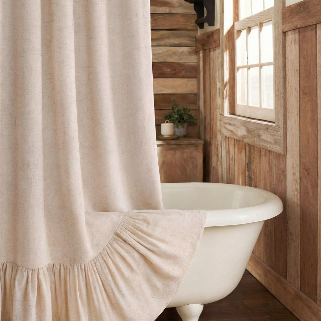 Beige Linen Farmhouse Ruffle Shower Curtain 72"×72", Rustic Boho Country Bathroom Fabric Curtain