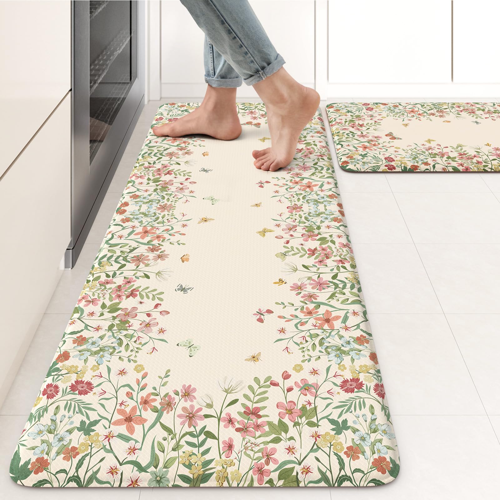 KIMODE Anti Fatigue Kitchen Mats for Floor, Boho Floral Kitchen Rugs Sets of 2, Cushioned Kitchen Floor Mats Non Slip, Comfort Spring Rugs for Kitchen Floor Sink Laundry Desk Beige 17.3"x29"+17.3"x47"