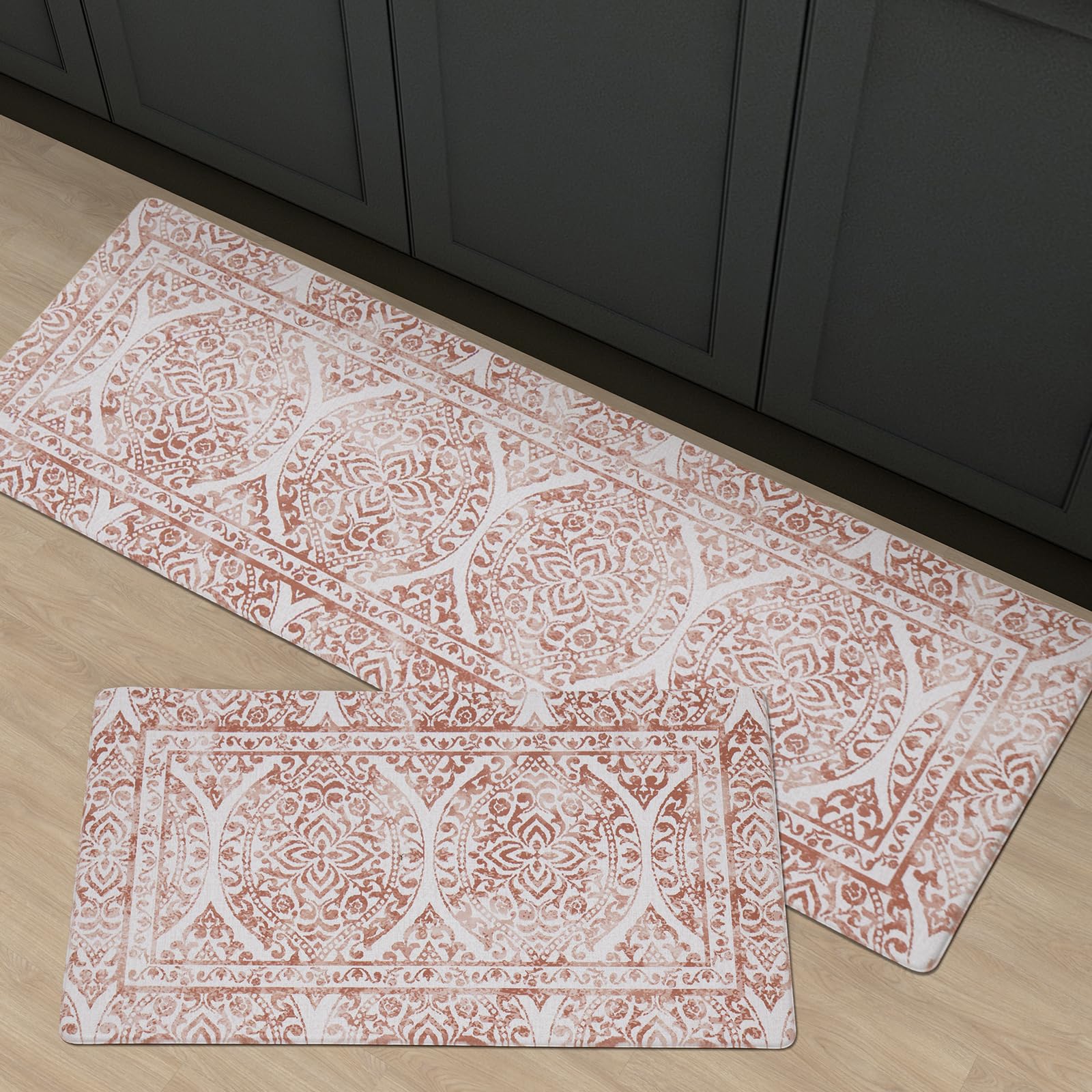 FRESHMINT Anti Fatigue Kitchen Mats for Floor 2 Piece Set, Waterproof & Non-Skid Vintage Floarl Kitchen Rugs, Cushioned Kitchen Mat for Standing Washable Comfort Desk Kitchen Runners, 17x30''+17x47''