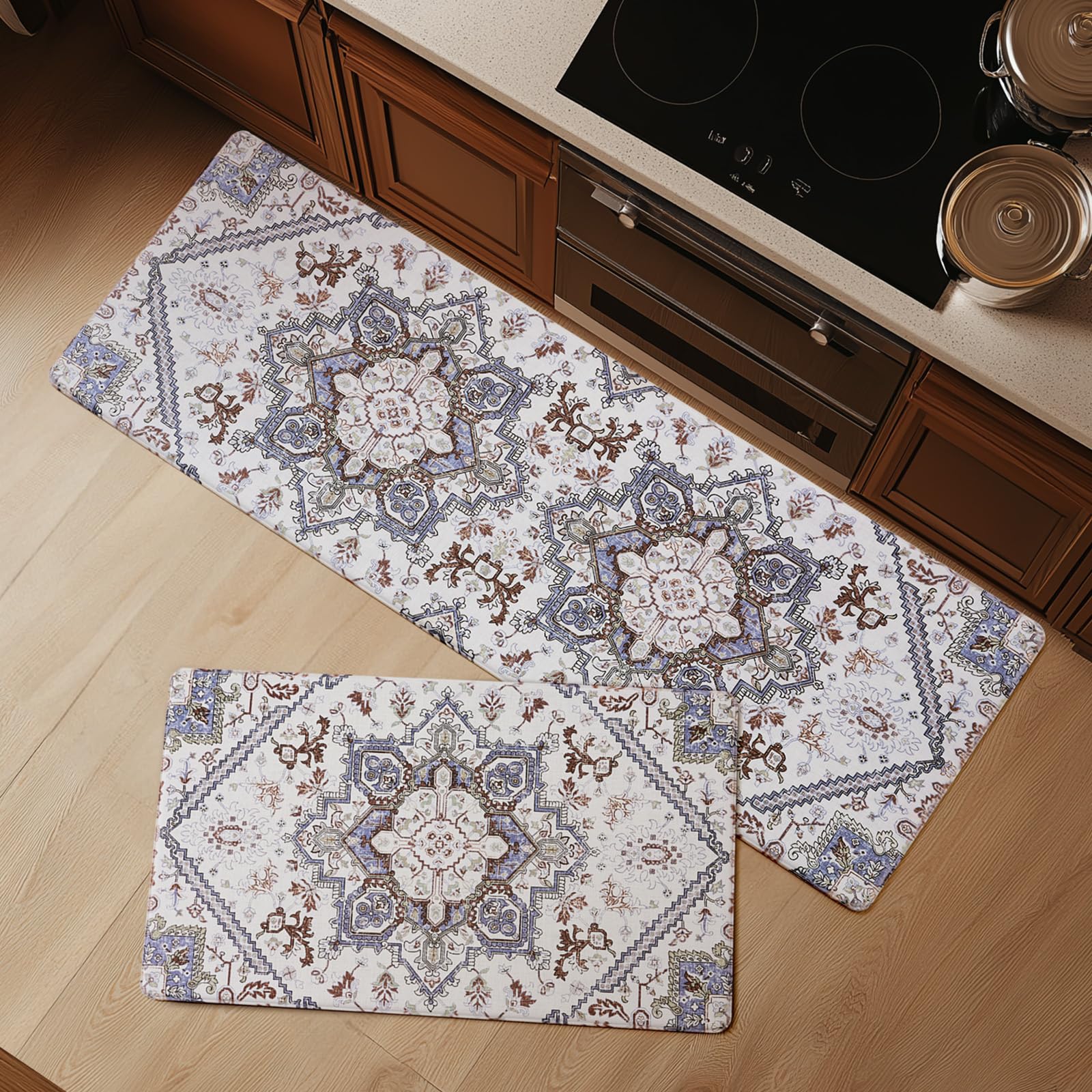 FRESHMINT Anti Fatigue Kitchen Mats for Floor 2 Piece Set, Waterproof & Non-Skid Vintage Floarl Kitchen Rugs, Cushioned Kitchen Mat for Standing Washable Comfort Desk Kitchen Runners, 17x30''+17x47''