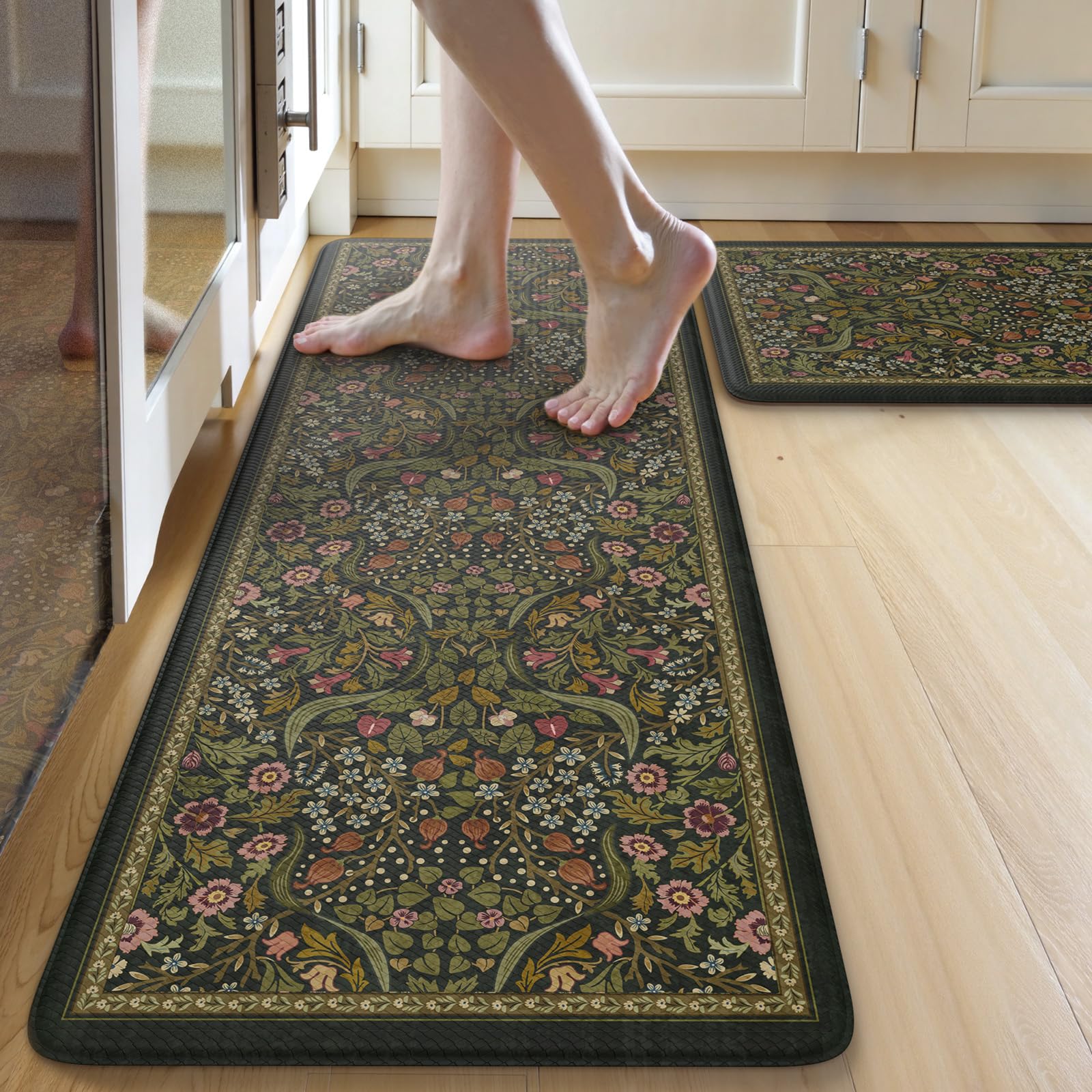 Collive Kitchen Mats for Floor 2PCS, Cushioned Anti Fatigue Mat Non Slip Waterproof Kitchen Sink Rugs, Washable Vintage Spring Floral Rug Comfort Standing Mat for Laundry, Desk, Bar, Office, Black