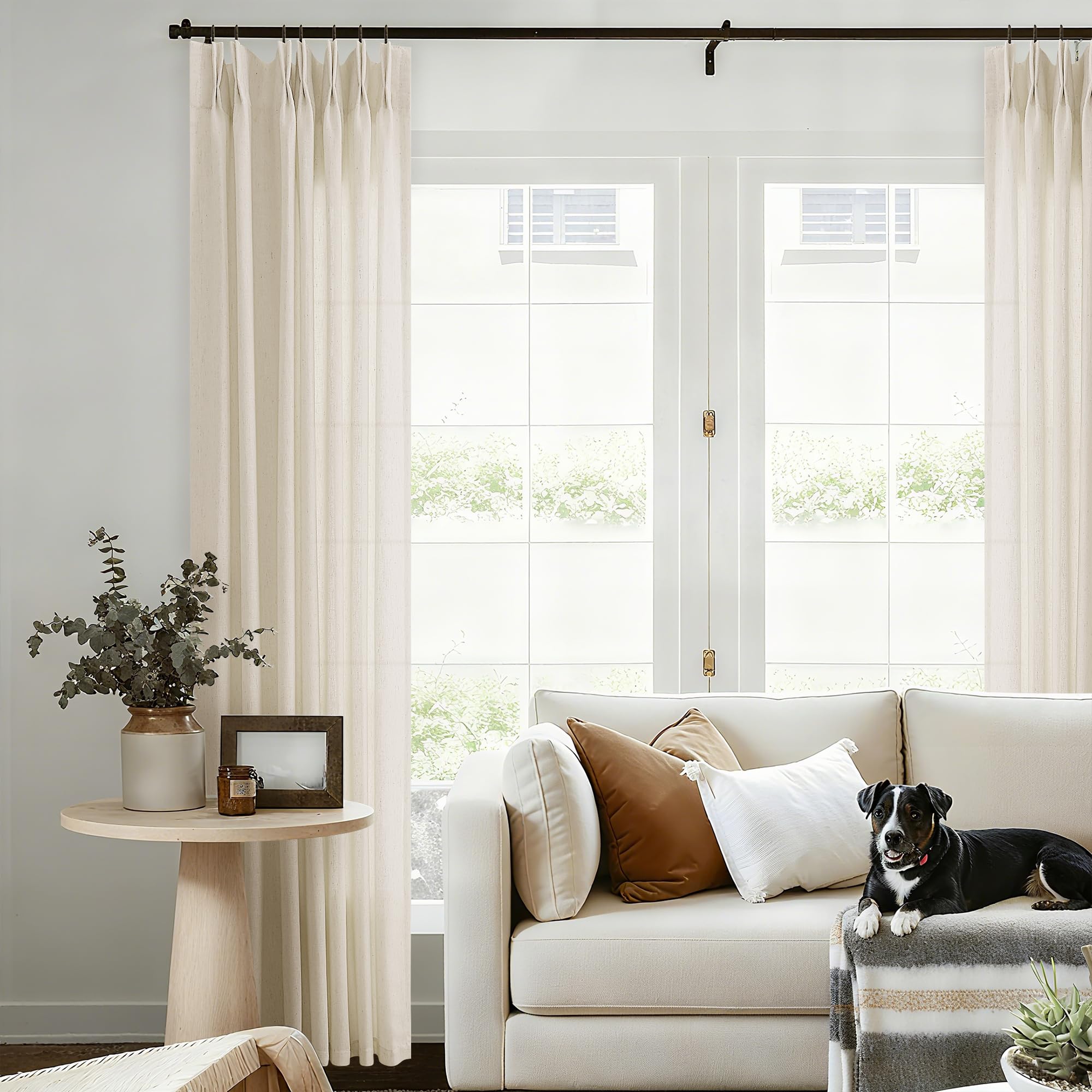 Natural Pinch Pleated Linen Curtains 72 Inches Long 72 Inch Wide for Living Room Bathroom Light Filtering Semi Sheer Shower Bath Curtain 72x72 Boho Neutral Pinch Pleated Drape Hooks Rings 1 Panel