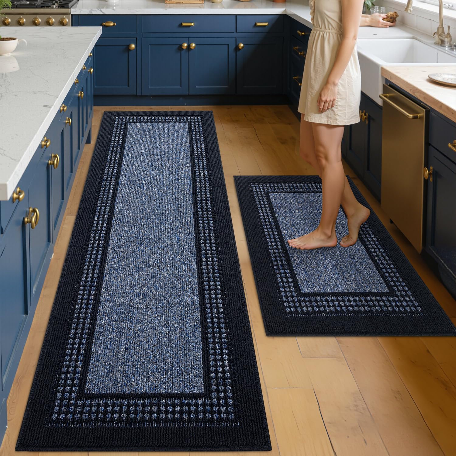 hicorfe Kitchen Runner Rugs,Set of 2 Non Slip Kitchen Mats for Floor,Vintage Stain Resistant Kitchen Mat Floor Carpet for Hallways Entryway Laundry Room Washable(20"x59"+20"x48",Grey)