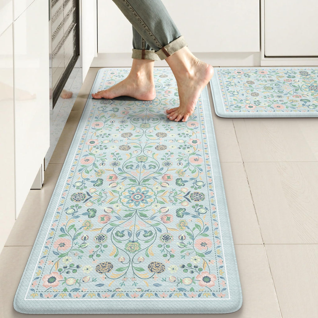 KIMODE Anti Fatigue Mats for Kitchen Floor Non Slip,Farmhouse Boho Floral Standing Kitchen Rugs Sets of 2,Comfort Cushioned Padded Ergonomic Carpet for Laundry Sink Office,Beige