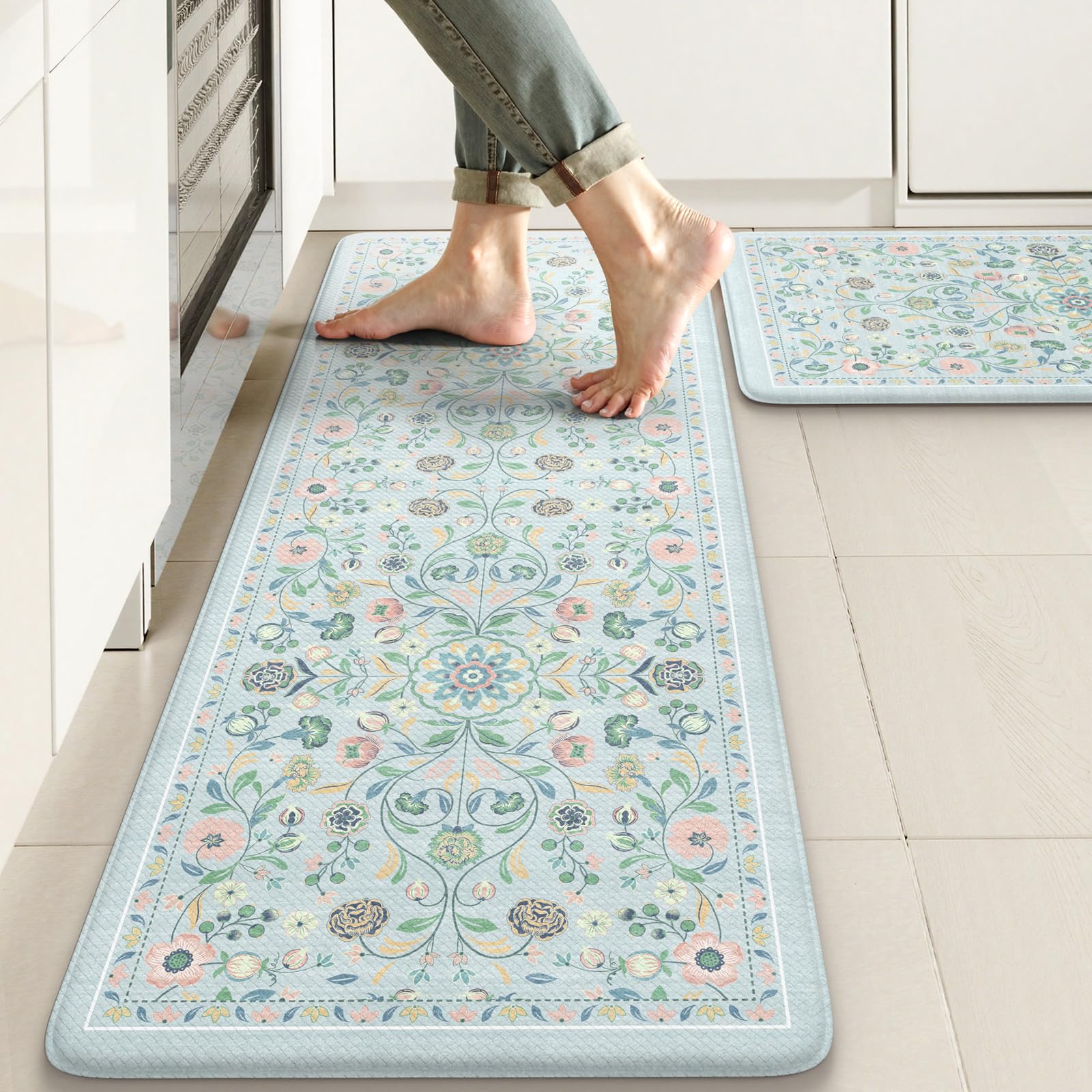 KIMODE Anti Fatigue Mats for Kitchen Floor Non Slip,Farmhouse Boho Floral Standing Kitchen Rugs Sets of 2,Comfort Cushioned Padded Ergonomic Carpet for Laundry Sink Office,Beige