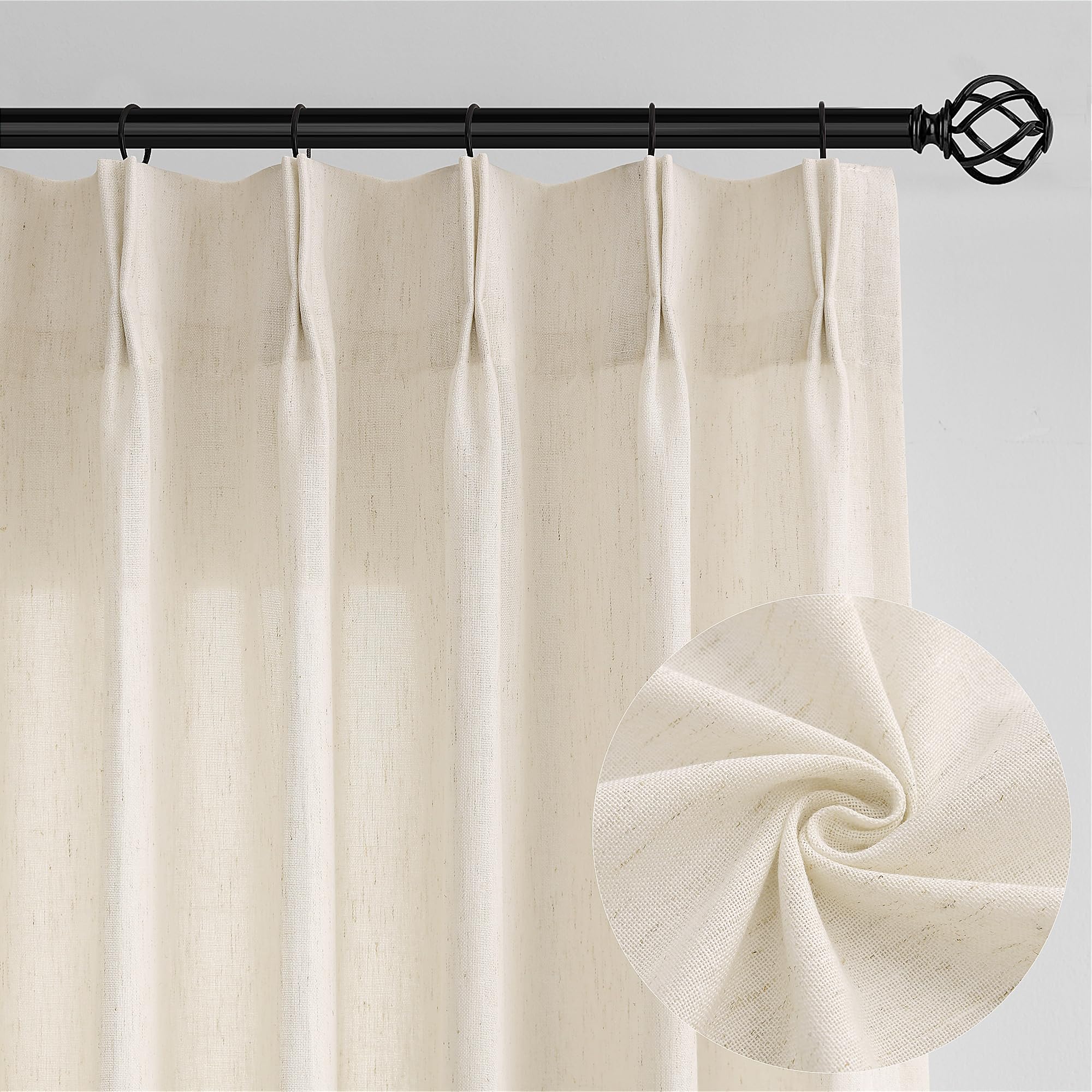 Natural Pinch Pleated Linen Curtains 72 Inches Long 72 Inch Wide for Living Room Bathroom Light Filtering Semi Sheer Shower Bath Curtain 72x72 Boho Neutral Pinch Pleated Drape Hooks Rings 1 Panel