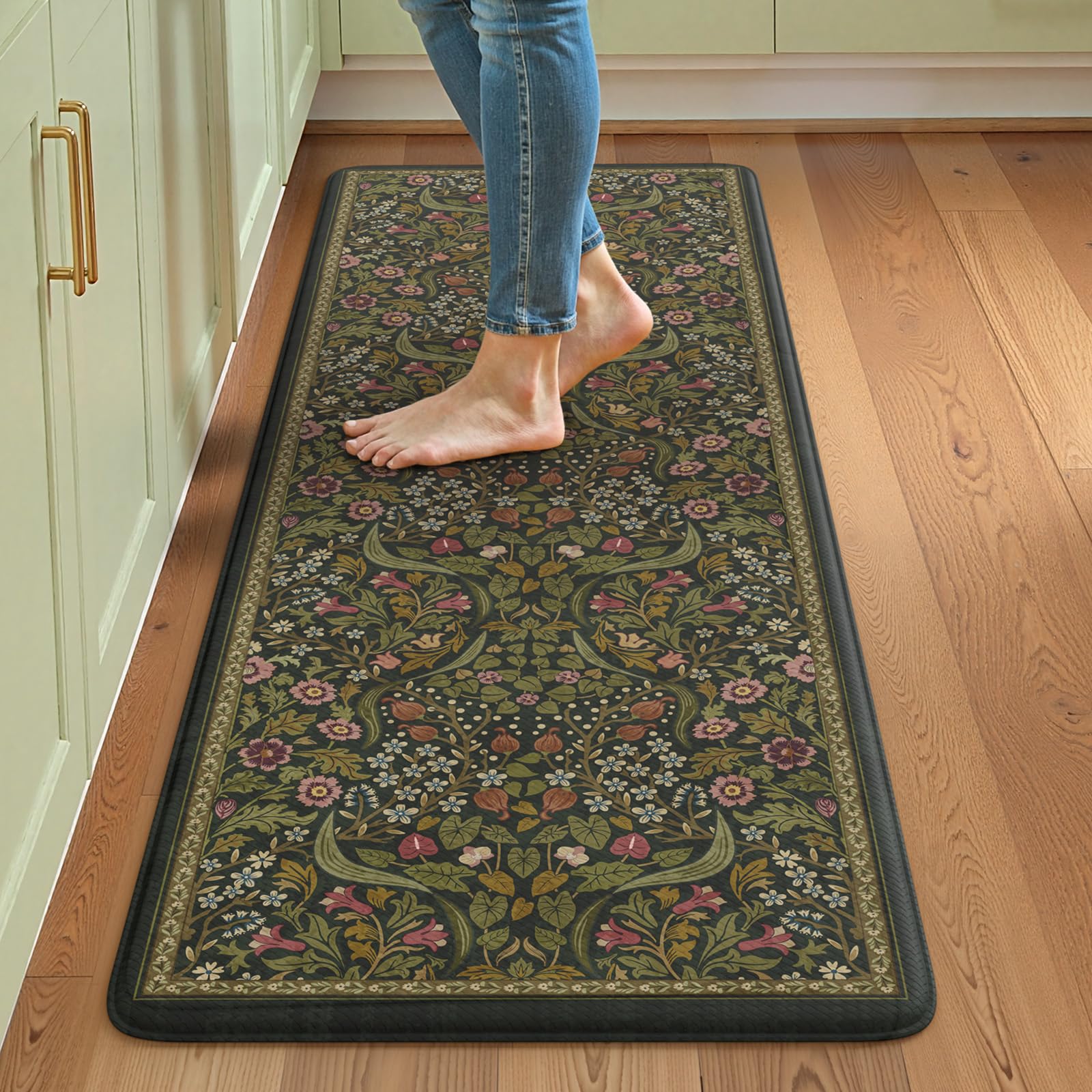 Collive Kitchen Mats for Floor 2PCS, Cushioned Anti Fatigue Mat Non Slip Waterproof Kitchen Sink Rugs, Washable Vintage Spring Floral Rug Comfort Standing Mat for Laundry, Desk, Bar, Office, Black