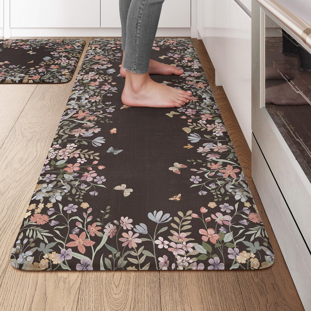 KIMODE Anti Fatigue Kitchen Mats for Floor, Boho Floral Kitchen Rugs Sets of 2, Cushioned Kitchen Floor Mats Non Slip, Comfort Spring Rugs for Kitchen Floor Sink Laundry Desk Beige 17.3"x29"+17.3"x47"