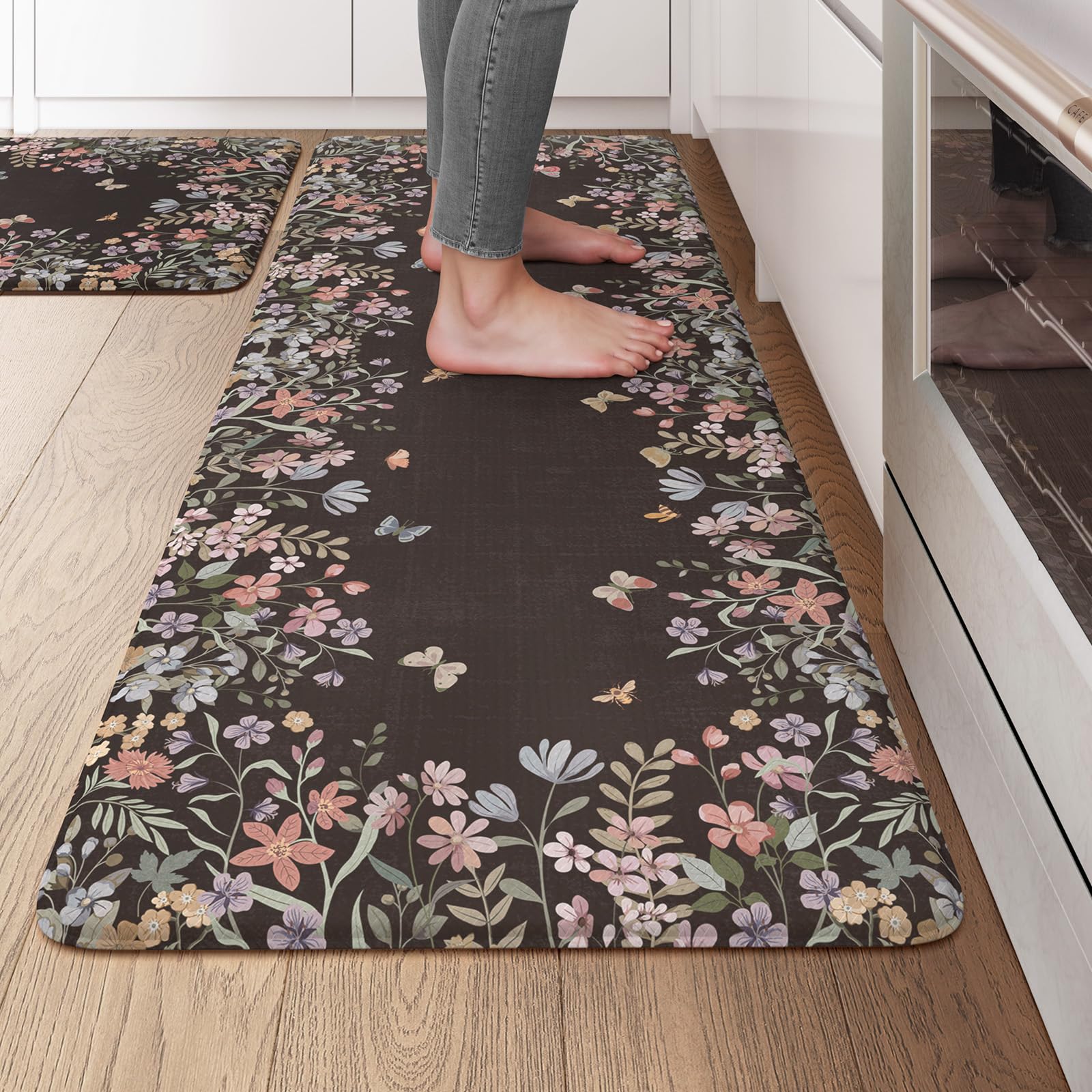 KIMODE Anti Fatigue Kitchen Mats for Floor, Boho Floral Kitchen Rugs Sets of 2, Cushioned Kitchen Floor Mats Non Slip, Comfort Spring Rugs for Kitchen Floor Sink Laundry Desk Beige 17.3"x29"+17.3"x47"
