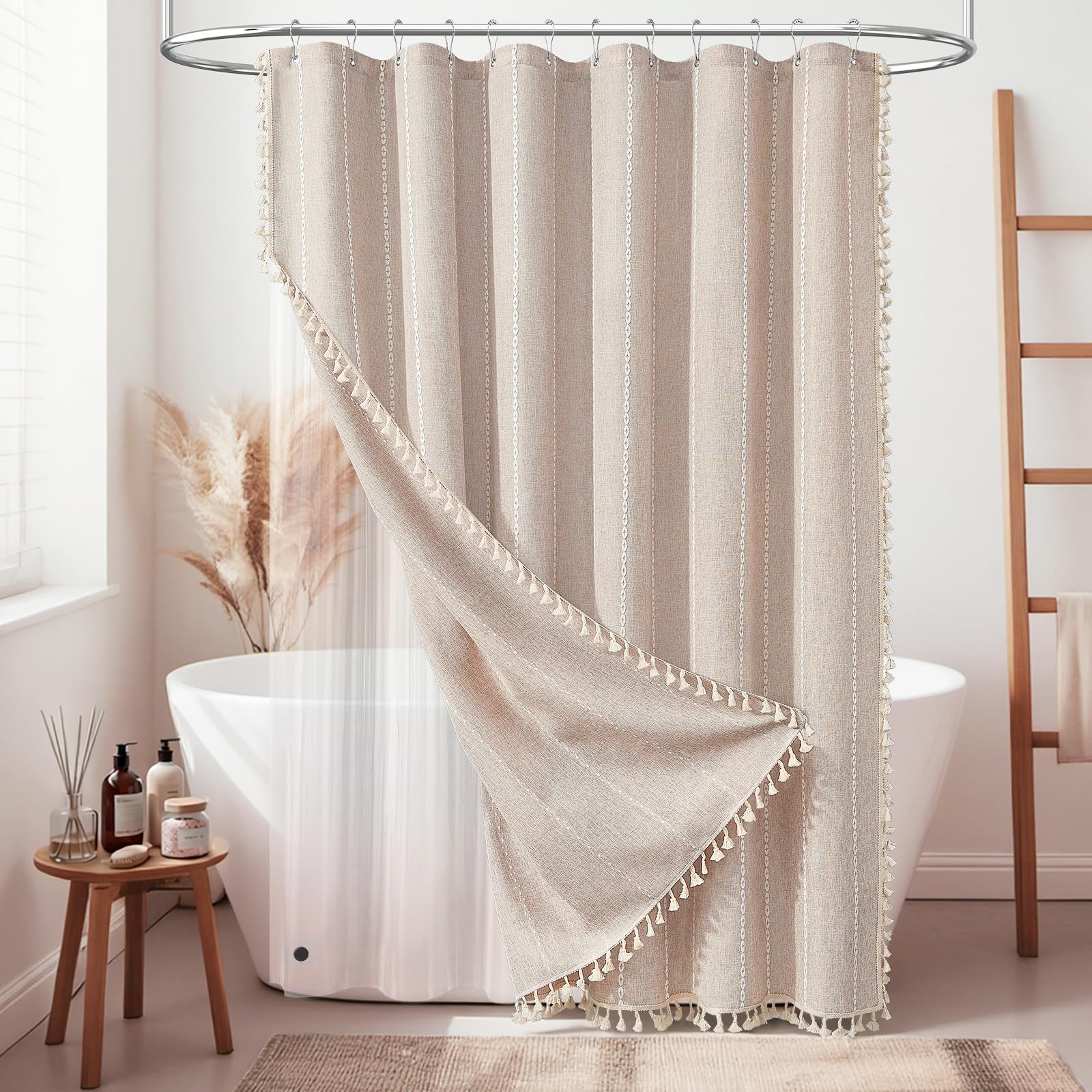 BTTN Boho Farmhouse Shower Curtain, Linen Rustic Weighted Striped Cloth Shower Curtain Set with Tassel, Water Repellent, Bohemian Vintage Country Fabric Shower Curtain for Bathroom, Cream/Beige, 72x72