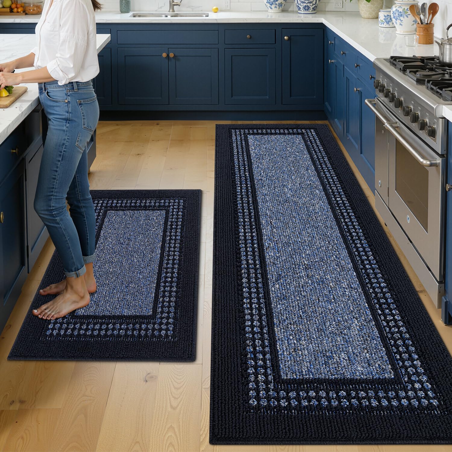 hicorfe Kitchen Runner Rugs,Set of 2 Non Slip Kitchen Mats for Floor,Vintage Stain Resistant Kitchen Mat Floor Carpet for Hallways Entryway Laundry Room Washable(20"x59"+20"x48",Grey)