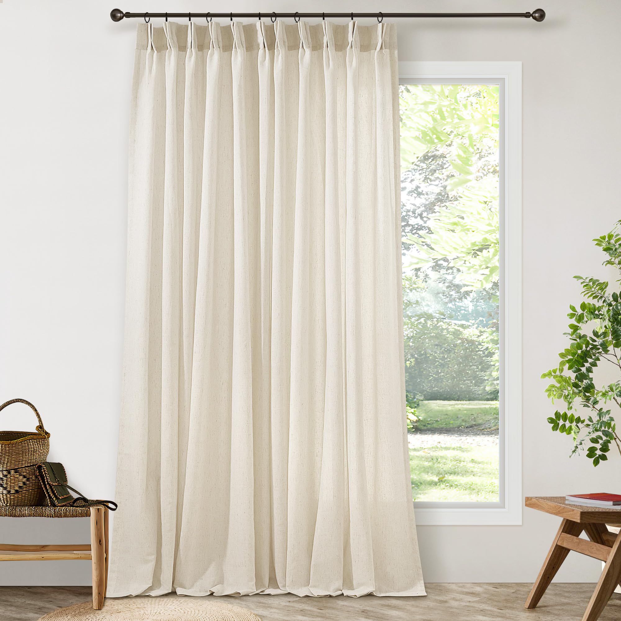 Natural Pinch Pleated Linen Curtains 72 Inches Long 72 Inch Wide for Living Room Bathroom Light Filtering Semi Sheer Shower Bath Curtain 72x72 Boho Neutral Pinch Pleated Drape Hooks Rings 1 Panel