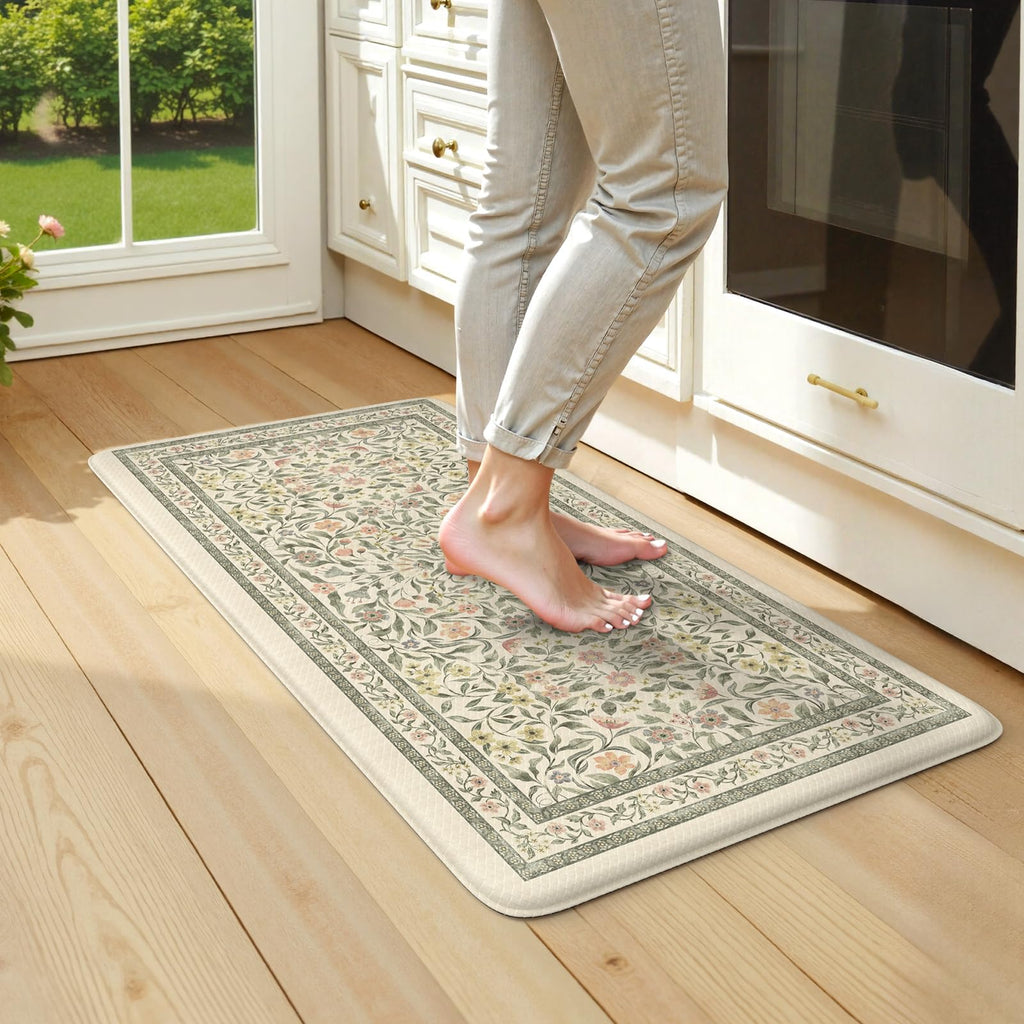 KIMODE Anti Fatigue Kitchen Mats for Floor, Boho Floral Kitchen Rugs Sets of 2, Cushioned Kitchen Floor Mats Non Slip, Comfort Spring Rugs for Kitchen Floor Sink Laundry Desk Beige 17.3"x29"+17.3"x47"