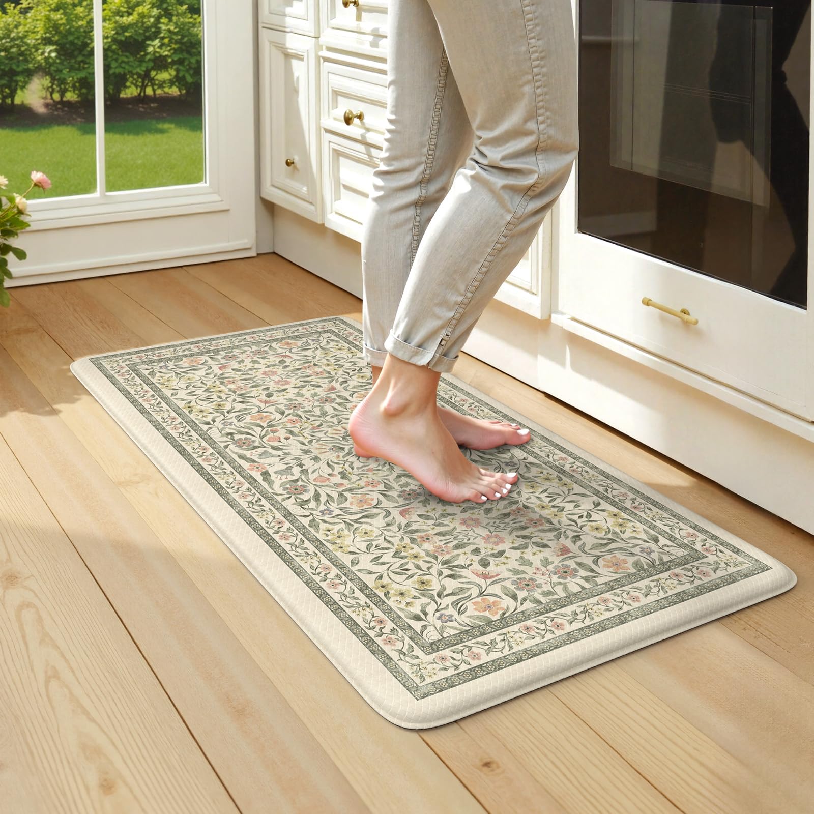 KIMODE Anti Fatigue Kitchen Mats for Floor, Boho Floral Kitchen Rugs Sets of 2, Cushioned Kitchen Floor Mats Non Slip, Comfort Spring Rugs for Kitchen Floor Sink Laundry Desk Beige 17.3"x29"+17.3"x47"
