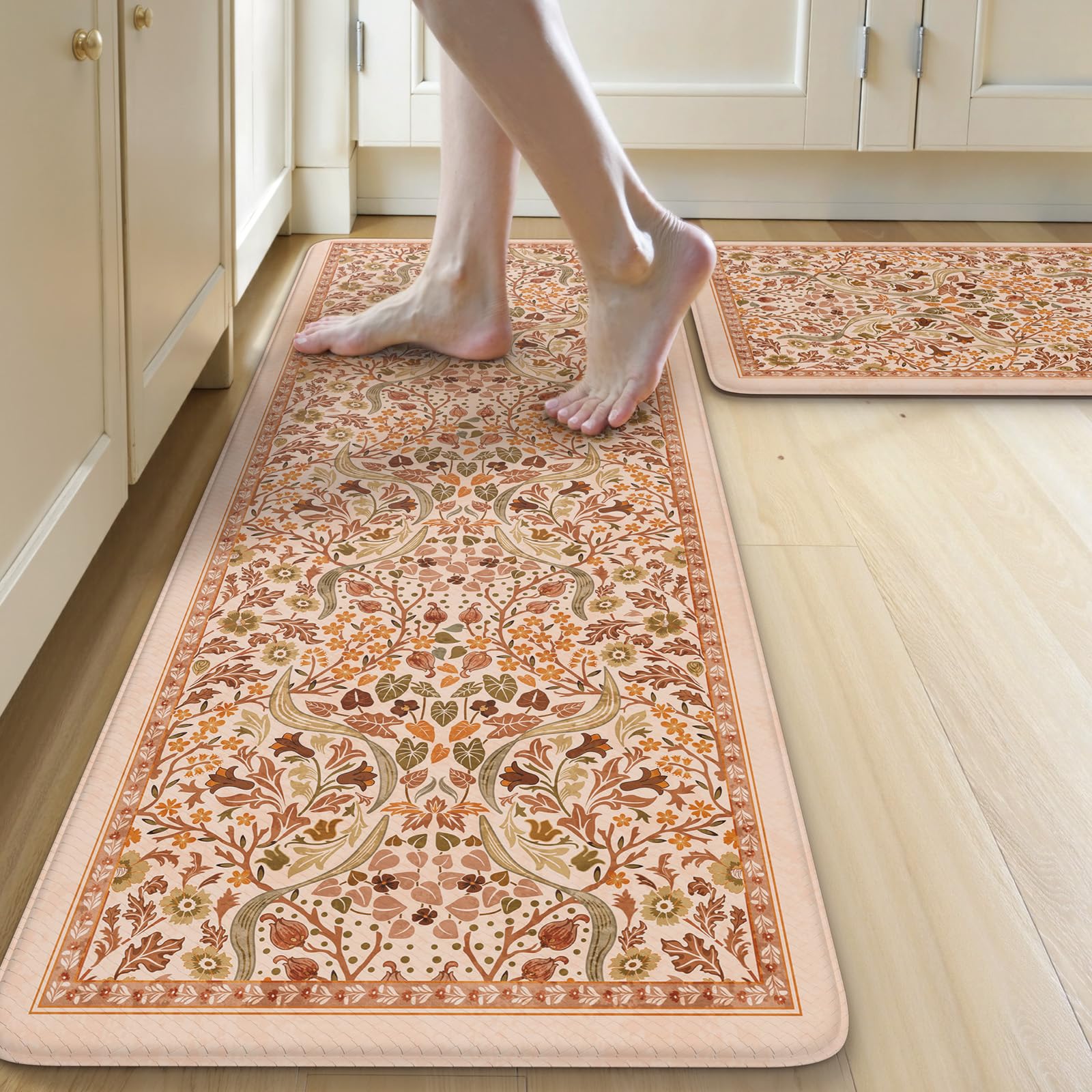 Collive Kitchen Mats for Floor 2PCS, Cushioned Anti Fatigue Mat Non Slip Waterproof Kitchen Sink Rugs, Washable Vintage Spring Floral Rug Comfort Standing Mat for Laundry, Desk, Bar, Office, Black
