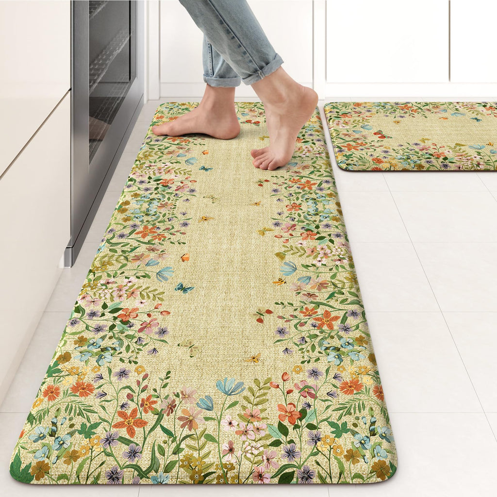 KIMODE Anti Fatigue Kitchen Mats for Floor, Boho Floral Kitchen Rugs Sets of 2, Cushioned Kitchen Floor Mats Non Slip, Comfort Spring Rugs for Kitchen Floor Sink Laundry Desk Beige 17.3"x29"+17.3"x47"