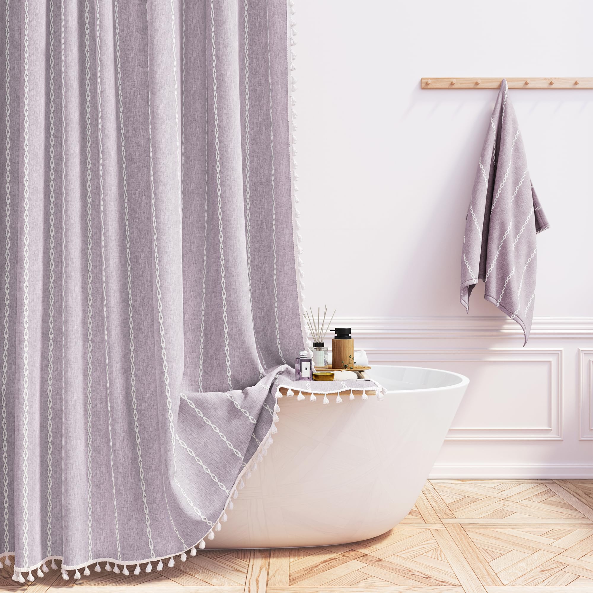 BTTN Boho Farmhouse Shower Curtain, Linen Rustic Weighted Striped Cloth Shower Curtain Set with Tassel, Water Repellent, Bohemian Vintage Country Fabric Shower Curtain for Bathroom, Cream/Beige, 72x72