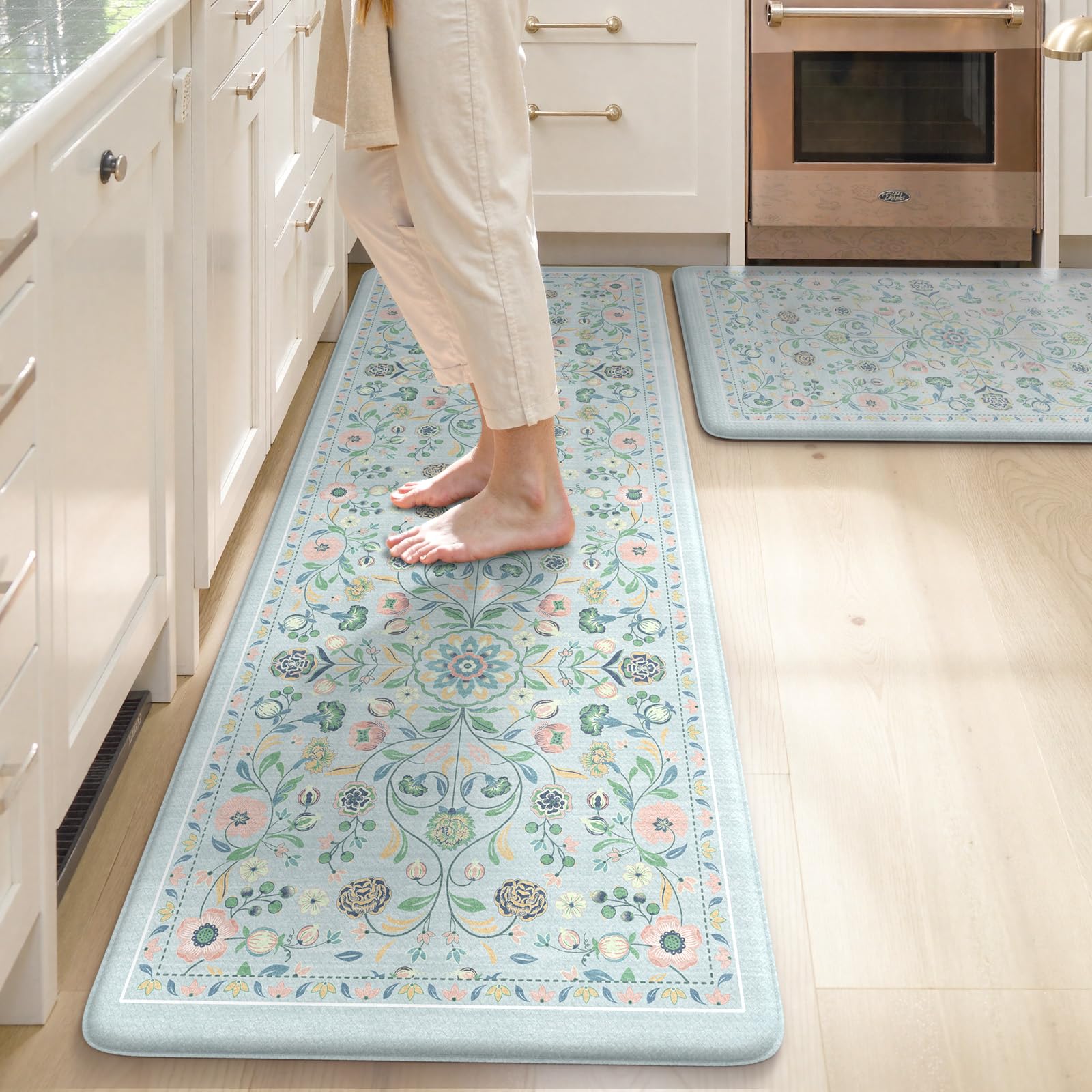 KIMODE Anti Fatigue Mats for Kitchen Floor Non Slip,Farmhouse Boho Floral Standing Kitchen Rugs Sets of 2,Comfort Cushioned Padded Ergonomic Carpet for Laundry Sink Office,Beige
