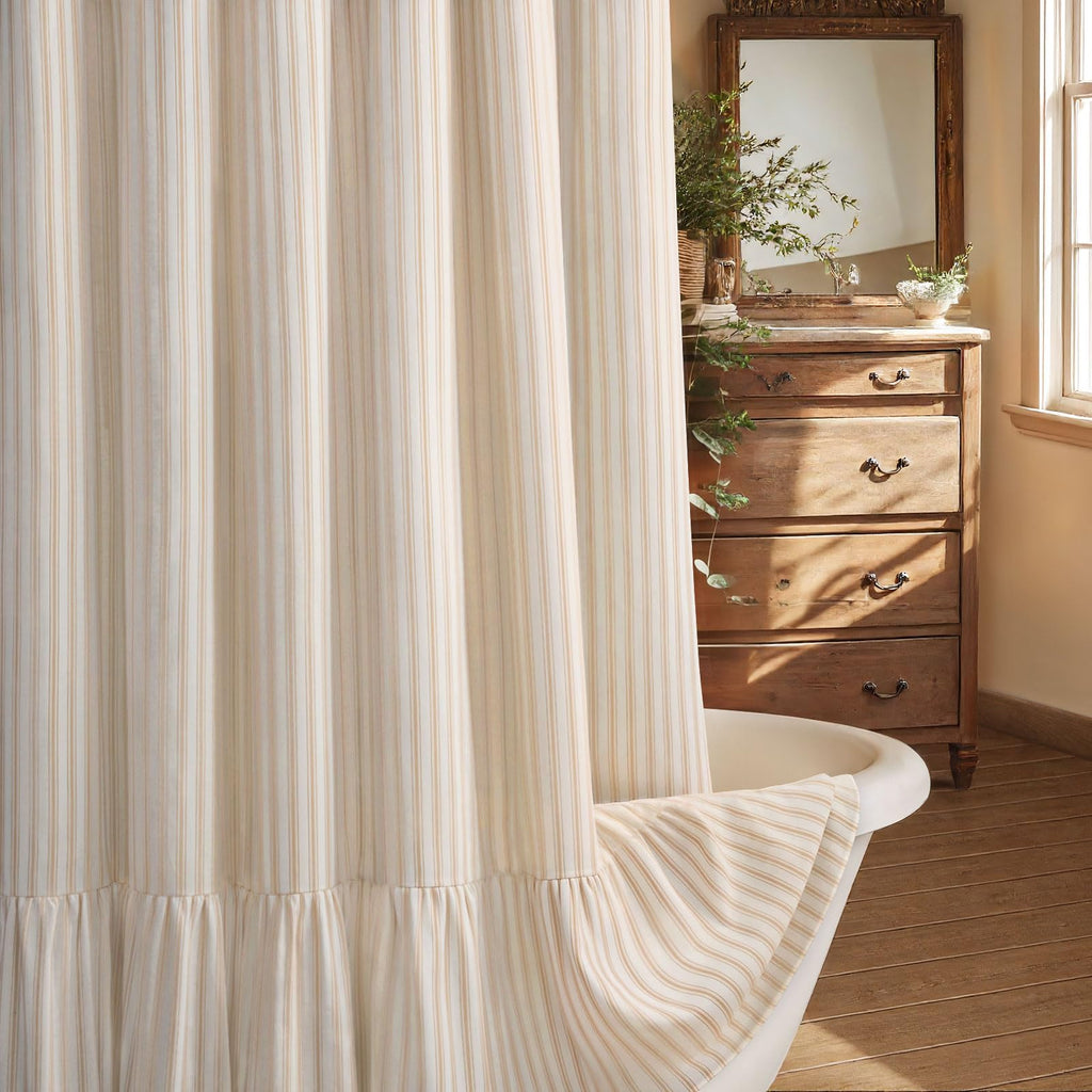 Beige Linen Farmhouse Ruffle Shower Curtain 72"×72", Rustic Boho Country Bathroom Fabric Curtain