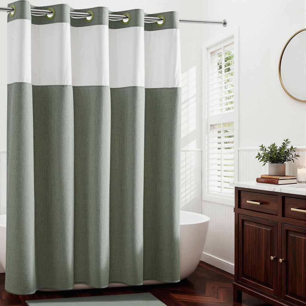 River Dream Linen Textured No Hook Shower Curtain with Snap-in Liner, Farmhouse Quick Dry Fabric Shower Curtain for Bathroom,Rustic Bathroom Set,See-Through Top Window,Water-Repellent,Linen,71Wx74L