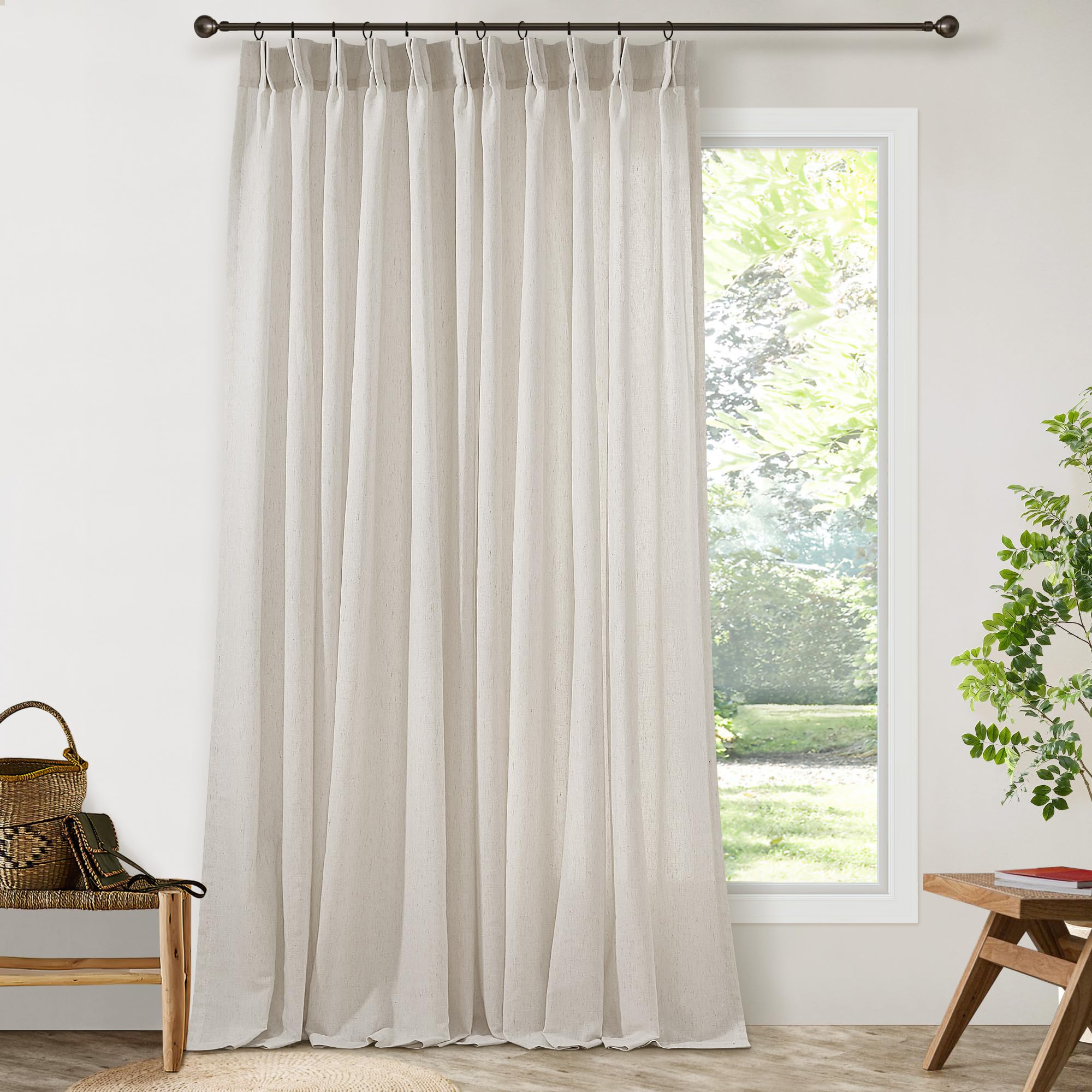 Natural Pinch Pleated Linen Curtains 72 Inches Long 72 Inch Wide for Living Room Bathroom Light Filtering Semi Sheer Shower Bath Curtain 72x72 Boho Neutral Pinch Pleated Drape Hooks Rings 1 Panel