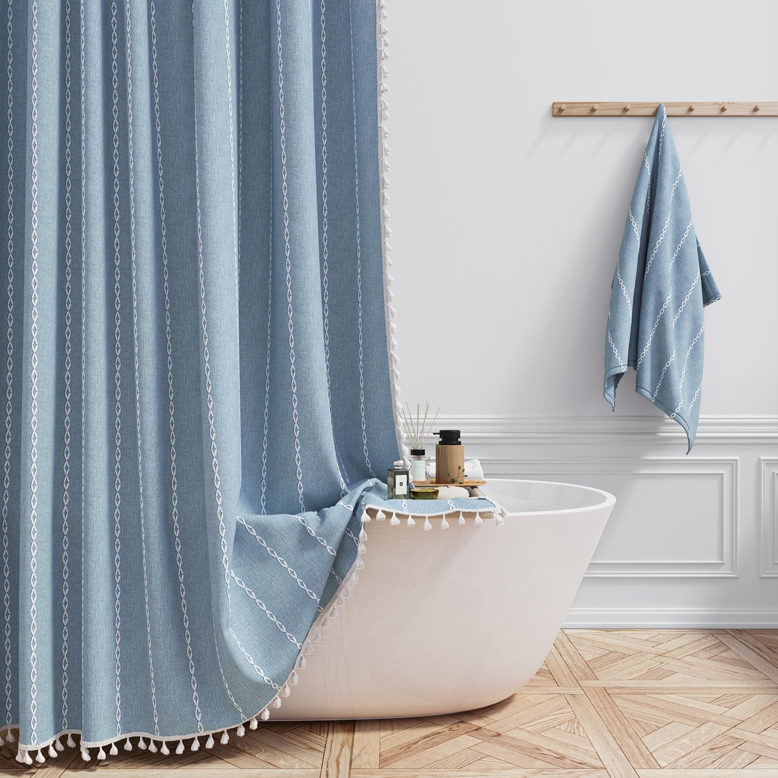 BTTN Boho Farmhouse Shower Curtain, Linen Rustic Weighted Striped Cloth Shower Curtain Set with Tassel, Water Repellent, Bohemian Vintage Country Fabric Shower Curtain for Bathroom, Cream/Beige, 72x72
