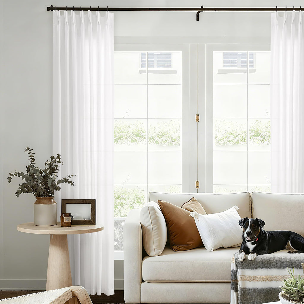 Natural Pinch Pleated Linen Curtains 72 Inches Long 72 Inch Wide for Living Room Bathroom Light Filtering Semi Sheer Shower Bath Curtain 72x72 Boho Neutral Pinch Pleated Drape Hooks Rings 1 Panel