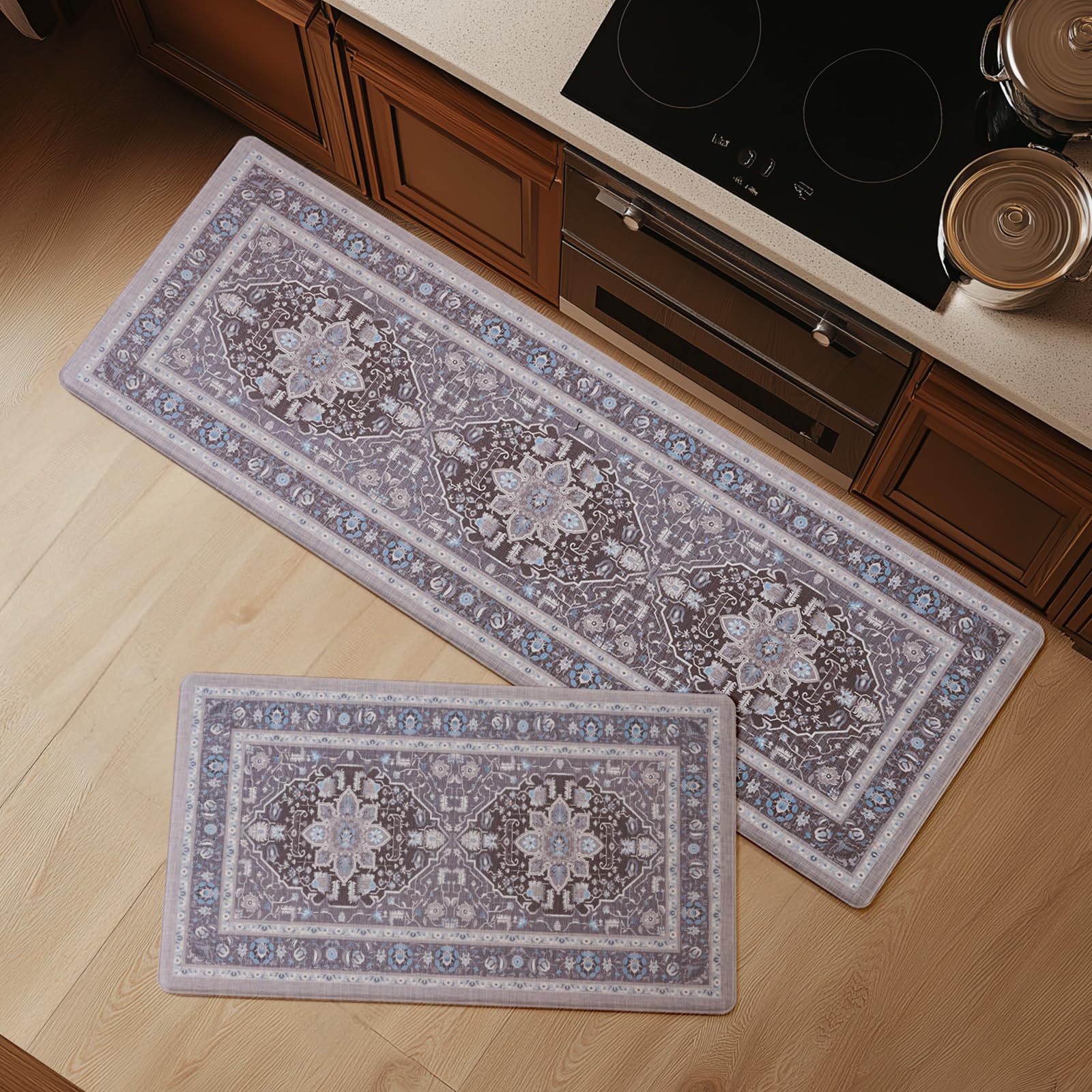 FRESHMINT Anti Fatigue Kitchen Mats for Floor 2 Piece Set, Waterproof & Non-Skid Vintage Floarl Kitchen Rugs, Cushioned Kitchen Mat for Standing Washable Comfort Desk Kitchen Runners, 17x30''+17x47''