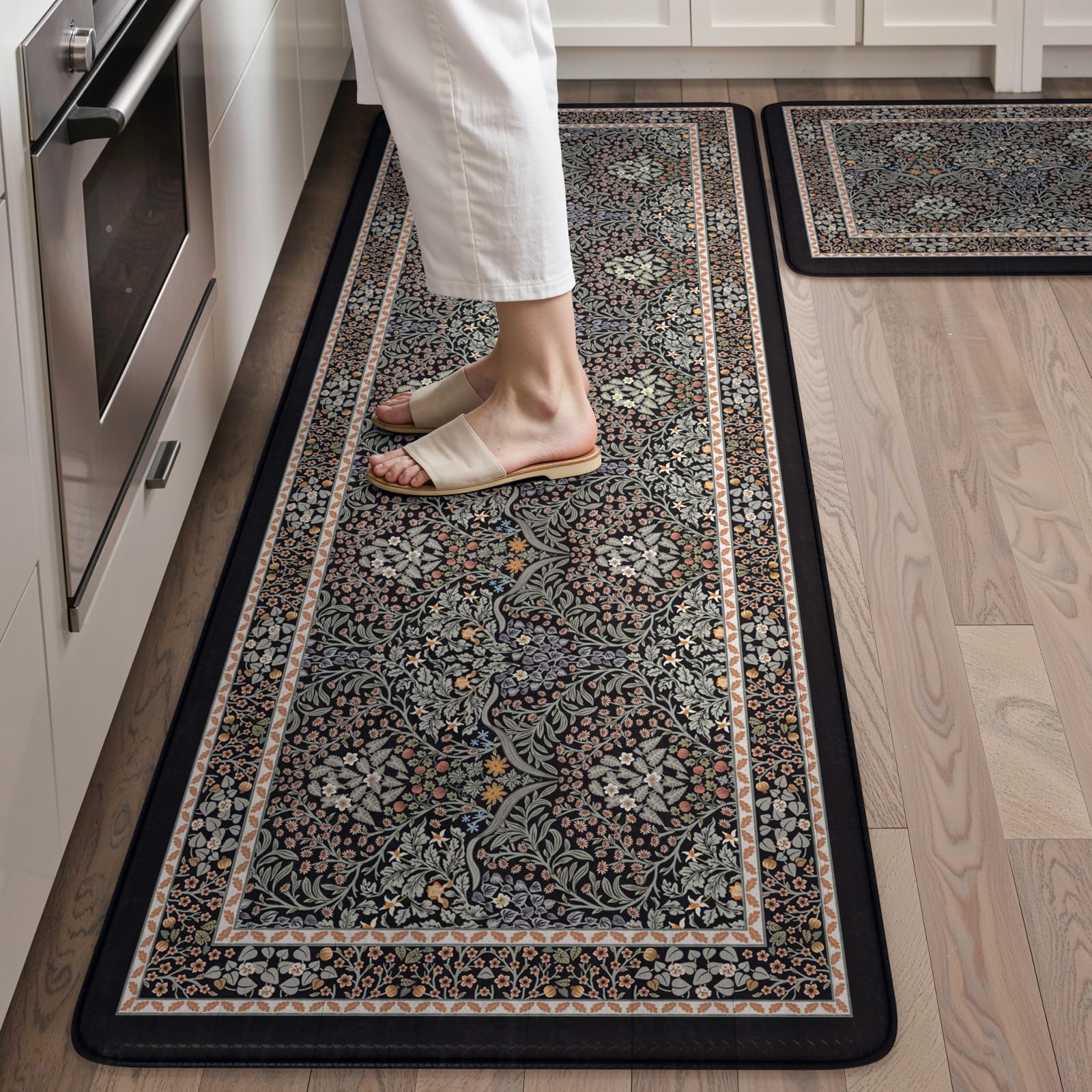 Collive Kitchen Mats for Floor 2PCS, Cushioned Anti Fatigue Mat Non Slip Waterproof Kitchen Sink Rugs, Washable Vintage Spring Floral Rug Comfort Standing Mat for Laundry, Desk, Bar, Office, Black