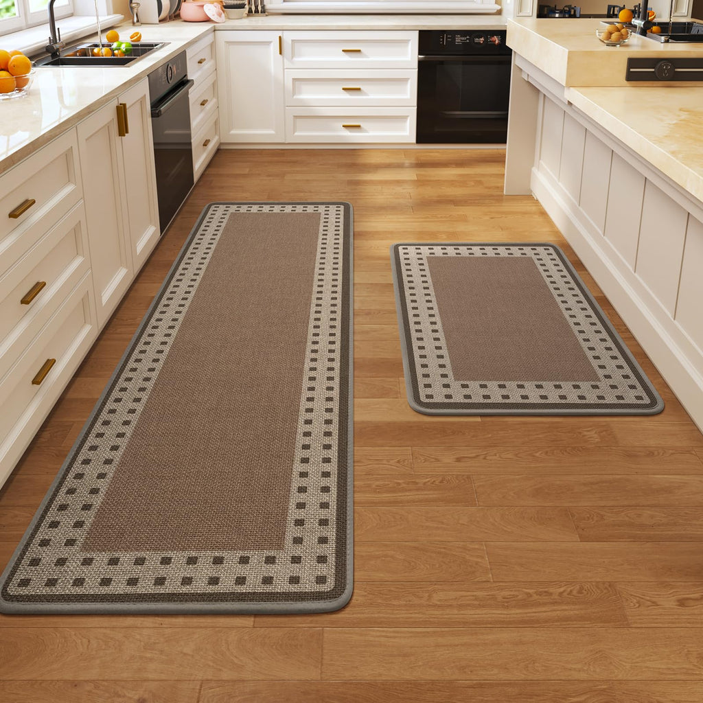 Kitchen Rugs Set of 2,Kitchen Mats for Floor, Runner Rugs Non Slip Washable Absorbent Kitchen Floor Mat, Braided Kitchen Sink Rug, 17''x30''+17''x47'' Brown