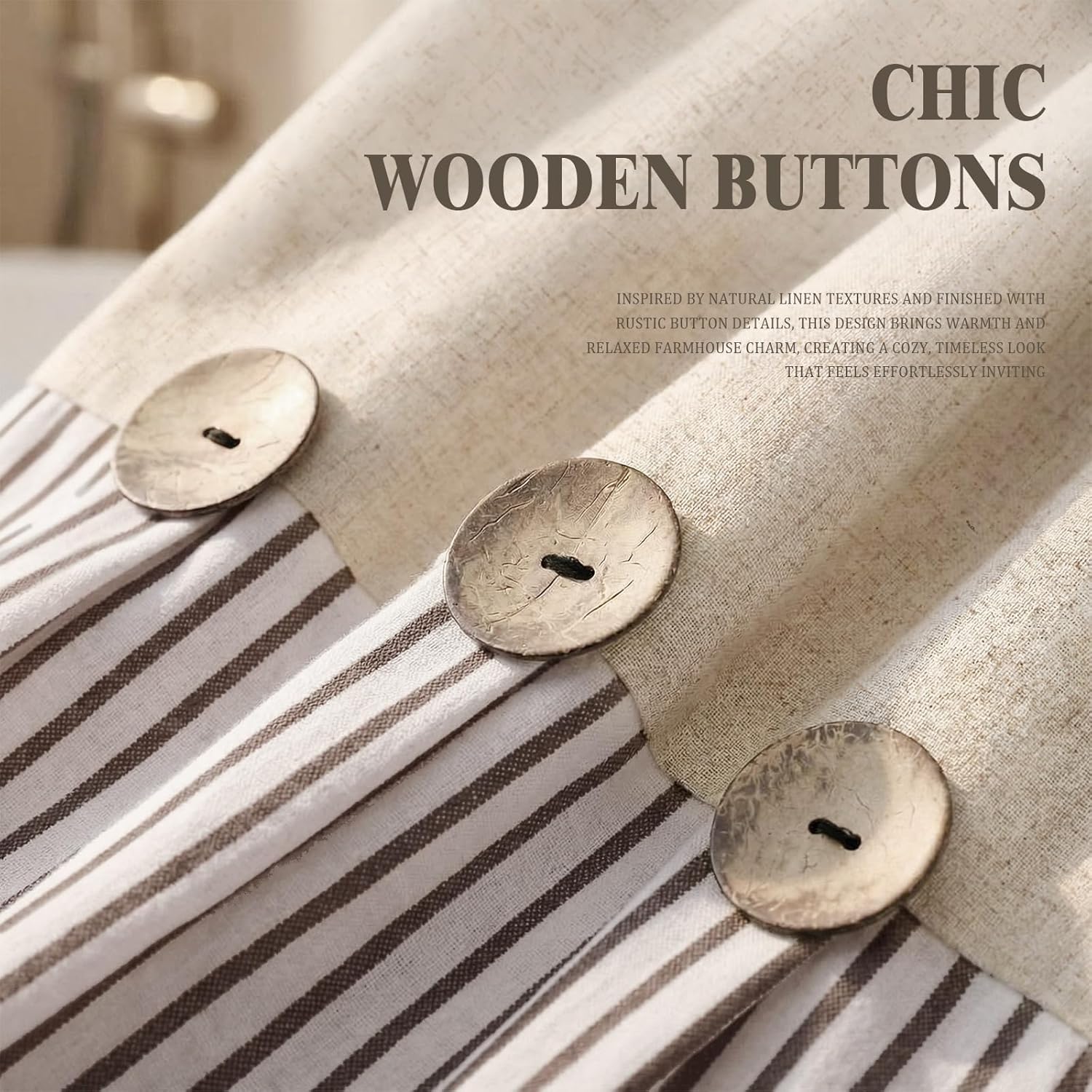 Farmhouse Shower Curtain Linen Beige Button Woven Fabric Country Rustic Western, Pleated Brown Stripe 72" W x 72" L