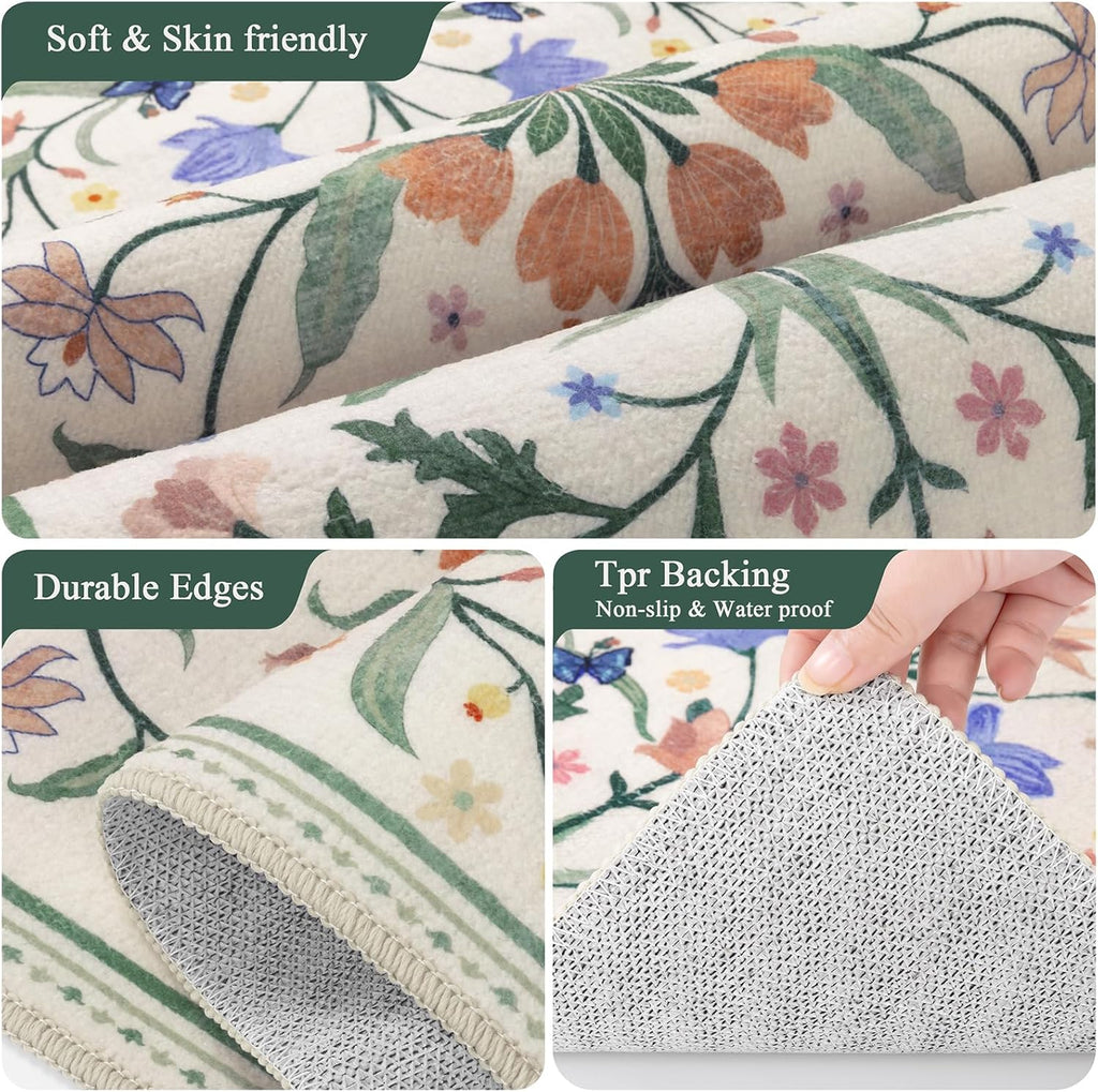 Ileading Kitchen Mat Sets 2 Piece,Plant Florals Rugs for Kitchen Floor,Stain Resistant Standing Mats with Non Slip Rubber Backing,Waterproof Runner Rugs for Laundry,Doormat,Entryway(Beige Florals)