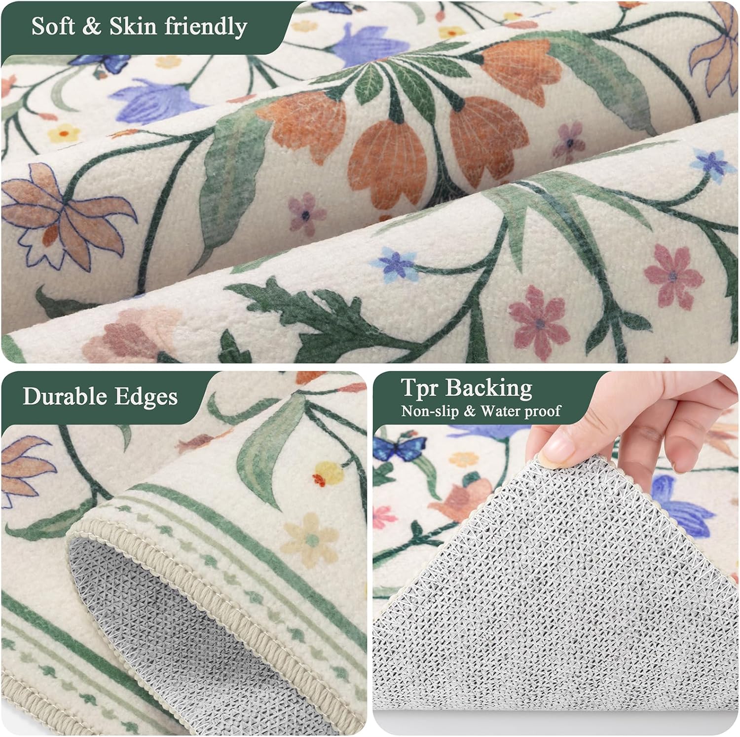 Ileading Kitchen Mat Sets 2 Piece,Plant Florals Rugs for Kitchen Floor,Stain Resistant Standing Mats with Non Slip Rubber Backing,Waterproof Runner Rugs for Laundry,Doormat,Entryway(Beige Florals)