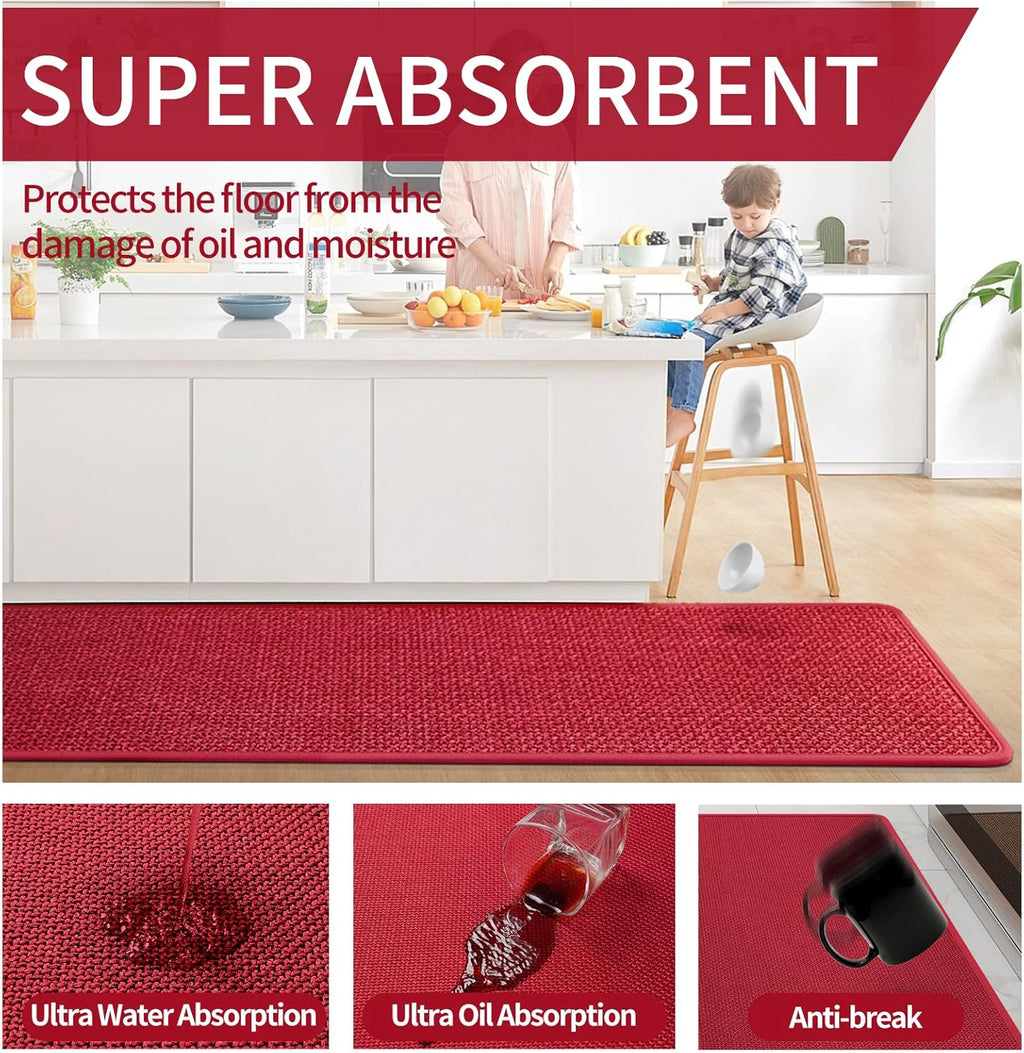 YDKGL Kitchen Mat Set of 2 PCS, Cushioned Non Slip Rugs for Kitchen Floor, Absorbent Runner Comfort Standing Mats Washable for Kitchen, Office, Home Red 17x30+17x59