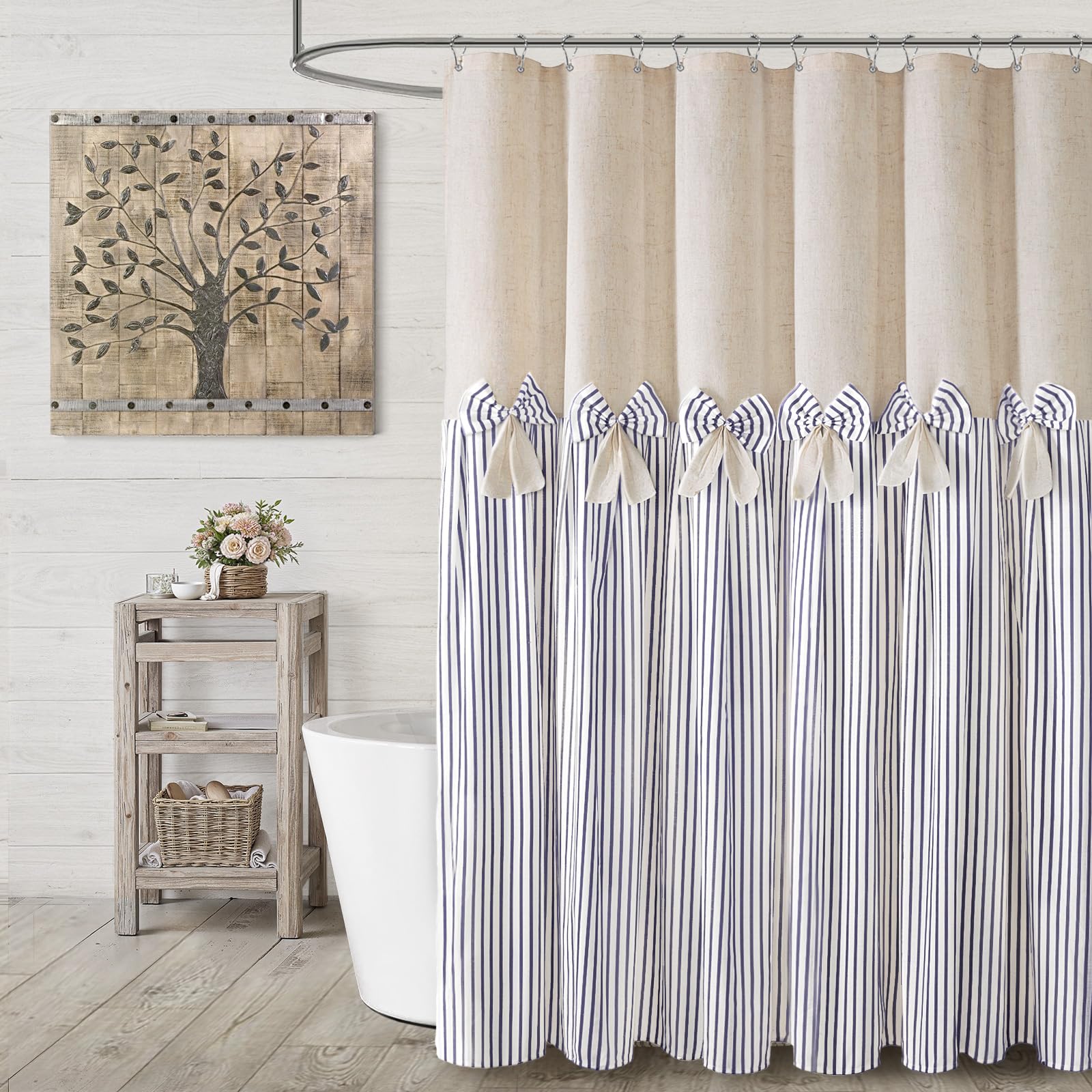 Farmhouse Shower Curtain Linen Beige Button Woven Fabric Country Rustic Western, Pleated Brown Stripe 72" W x 72" L